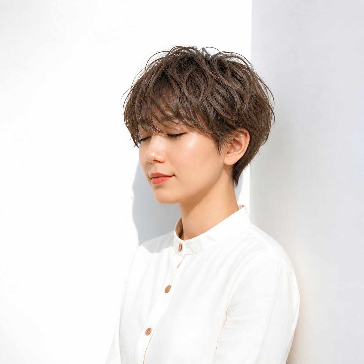13. ショートパーマ × ライトブラウン：前髪の毛束が重なり、丸みをふんわり見せる