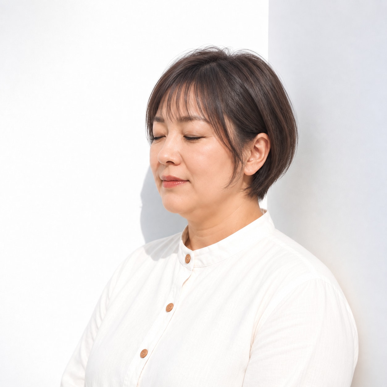 13. ショートヘア × ひし形シルエット：横から見た奥行きが出て、短いえり足との対比がきれいです
