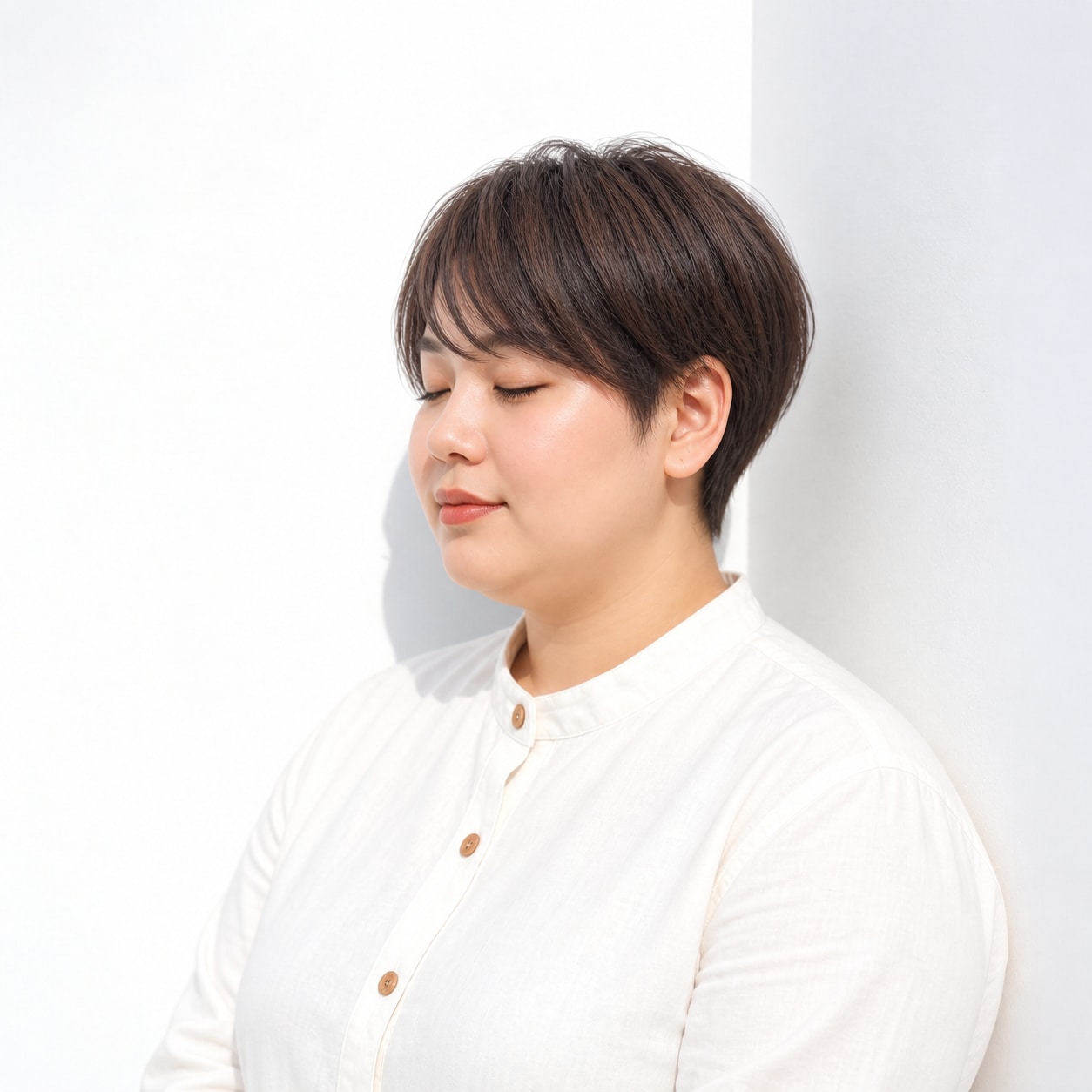 暗めブラウンでコンパクトな丸みのショートヘア