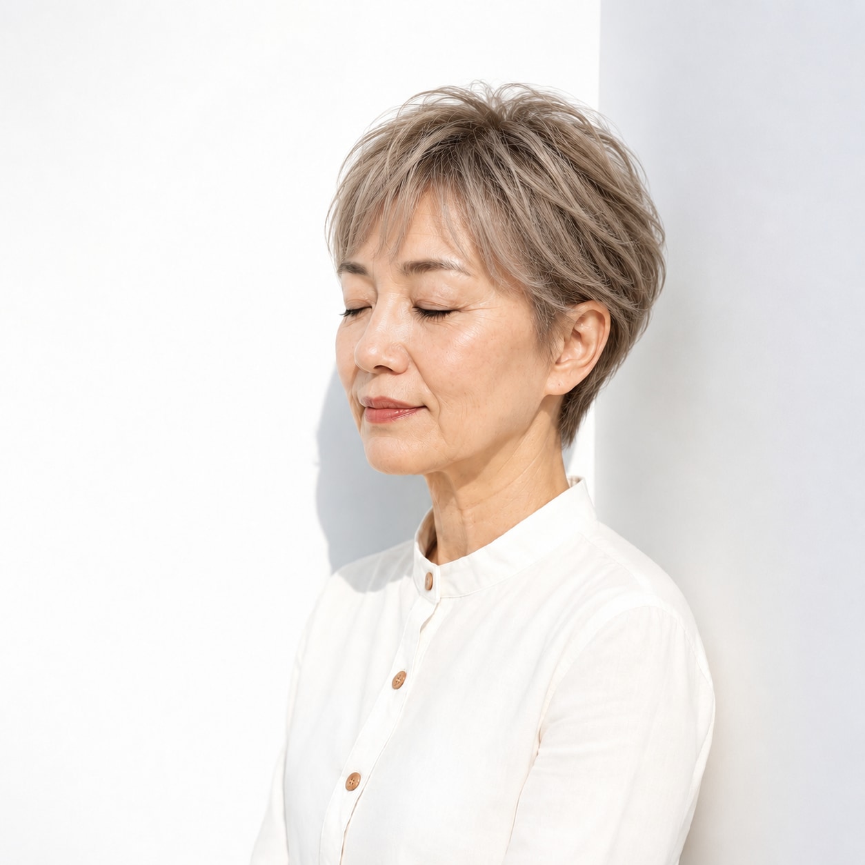 7. ショートレイヤー × アッシュベージュ：軽い毛束でふんわり