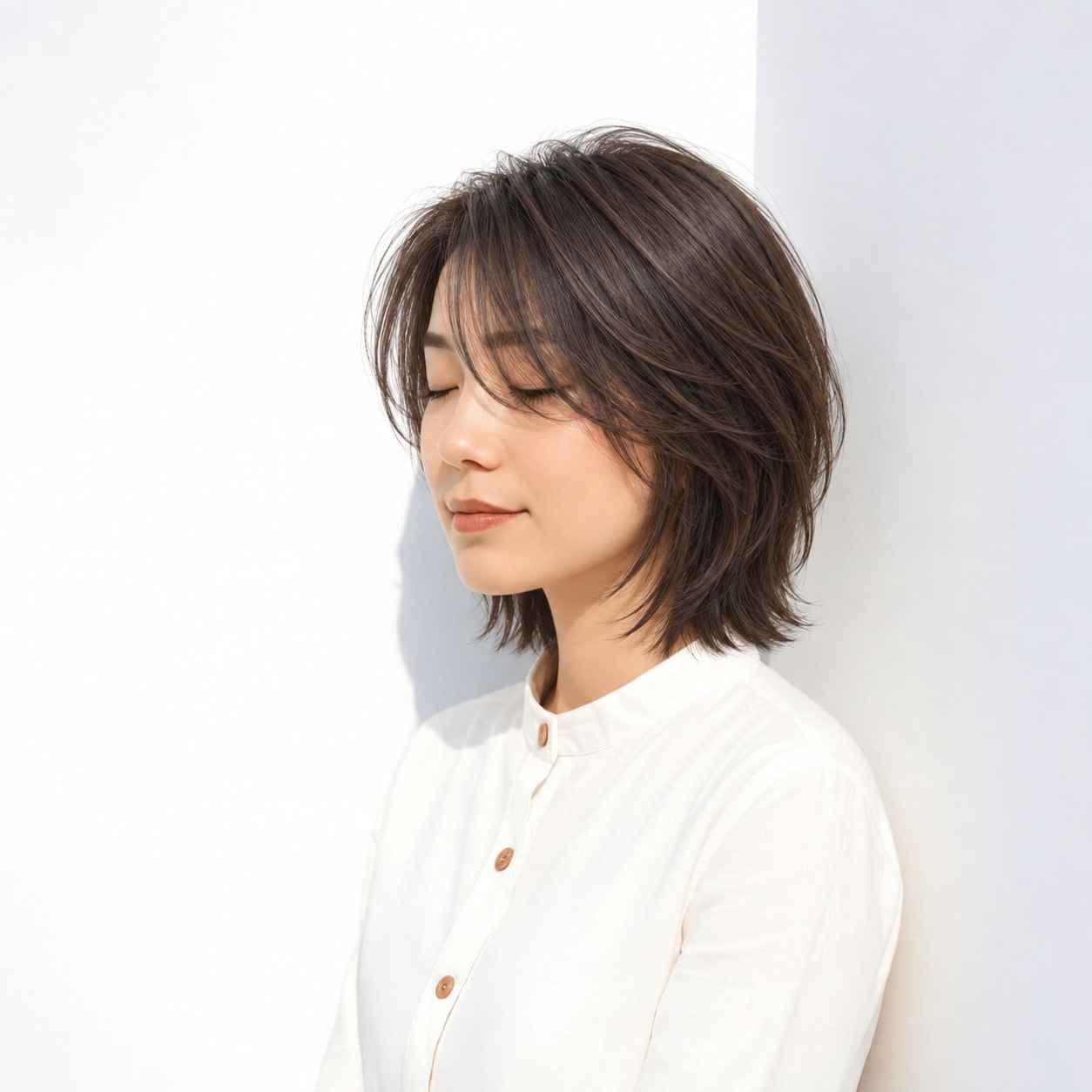 13. ショートレイヤー × 長め × ひし形シルエット：横から見た奥行きが出て、短いえり足との対比がきれいです