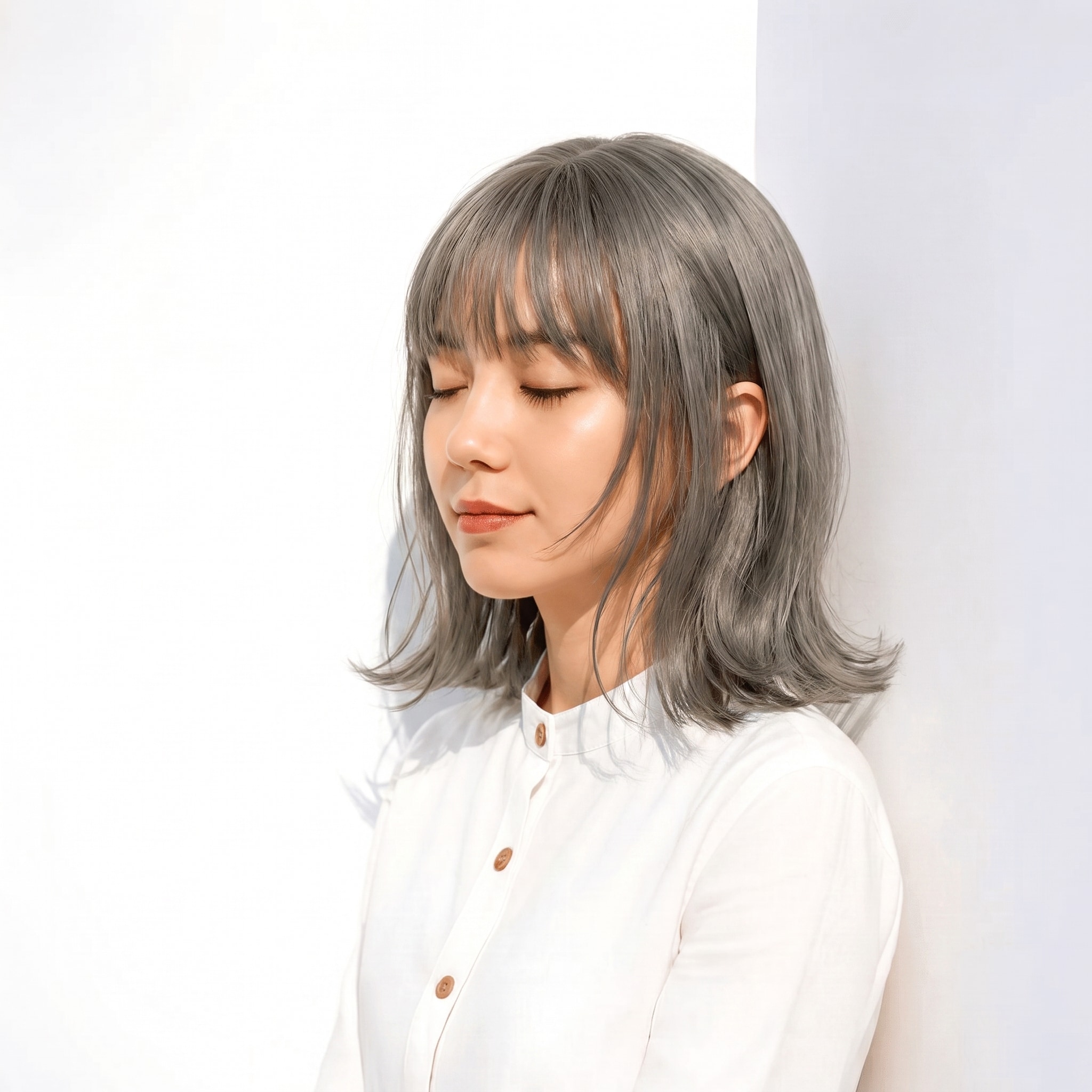 13. シルバーグレージュ×外ハネミディアム: 毛先の光で肩ラインに軽さが出る