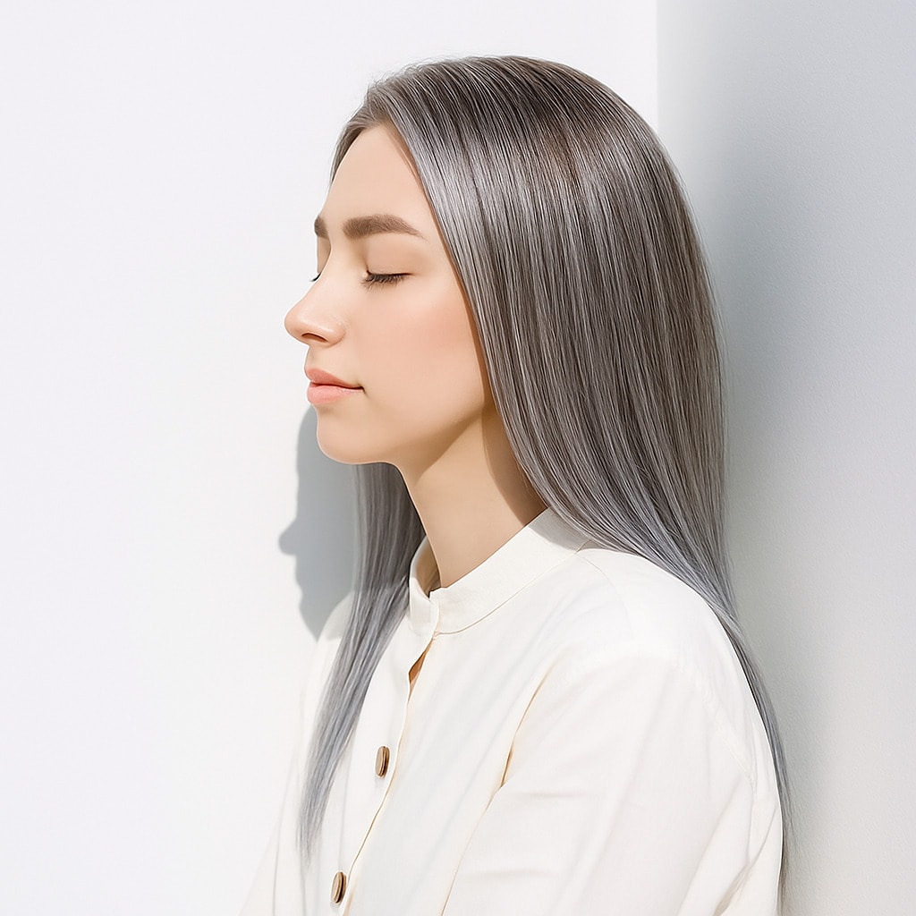 13. シルバーベージュ×ロング：透け感が装いを洗練させる