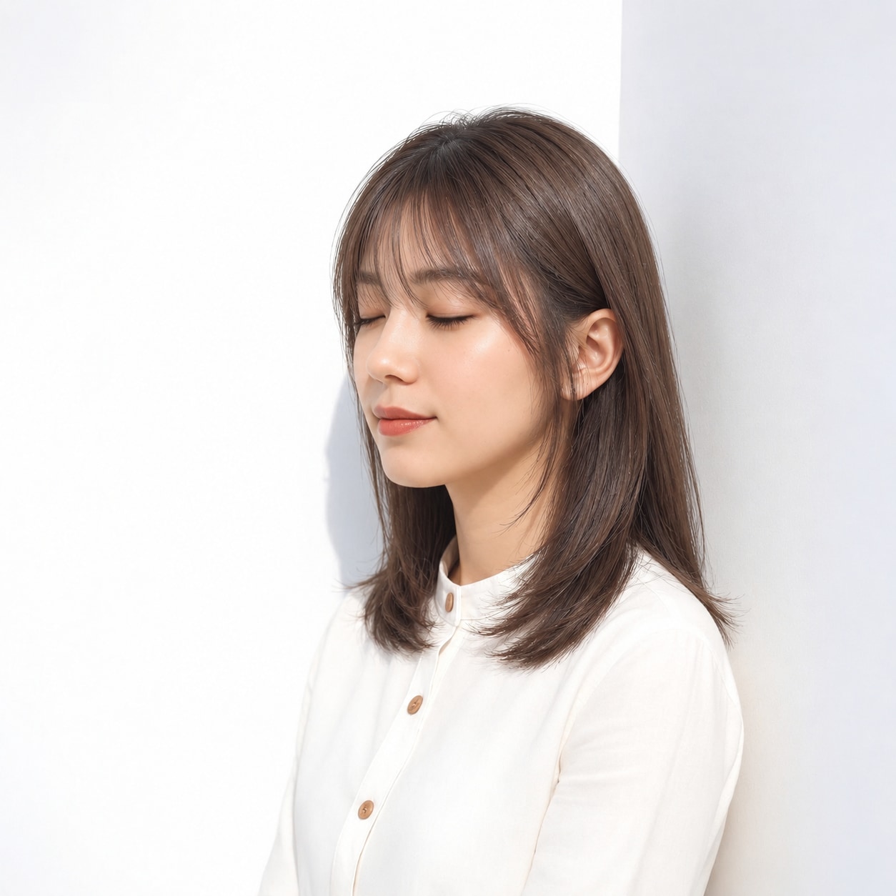 13. シースルーバング × ストレートミディアム：細い束で端正に