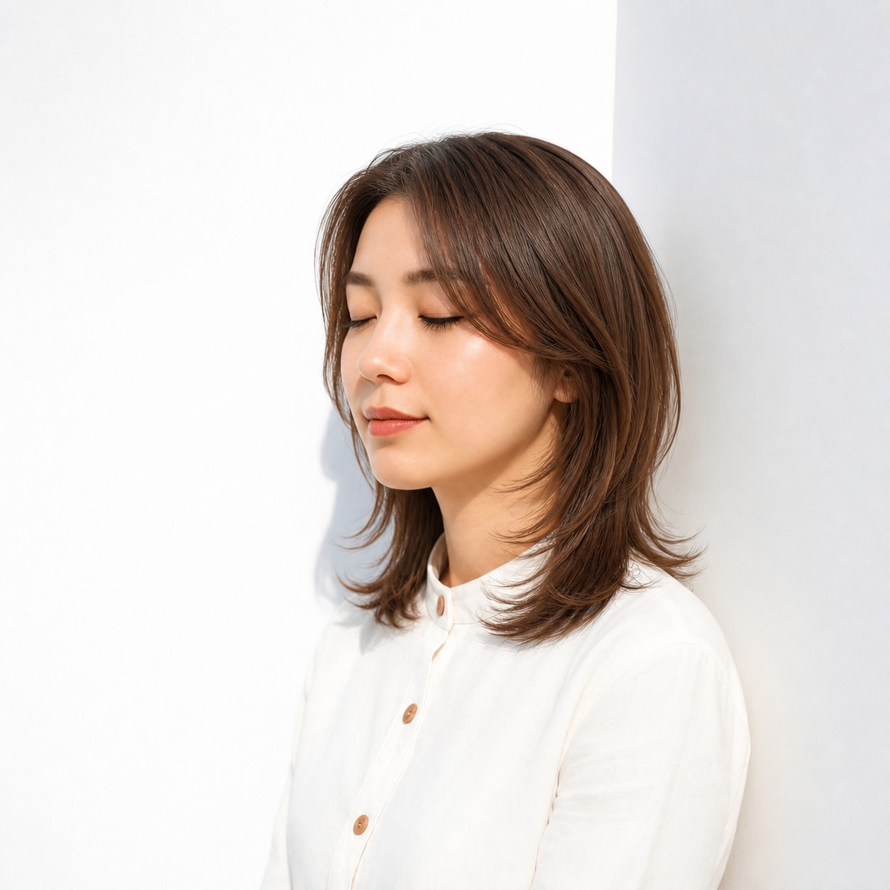 13. セミロングウルフ × センターパート：顔まわりがすっきり