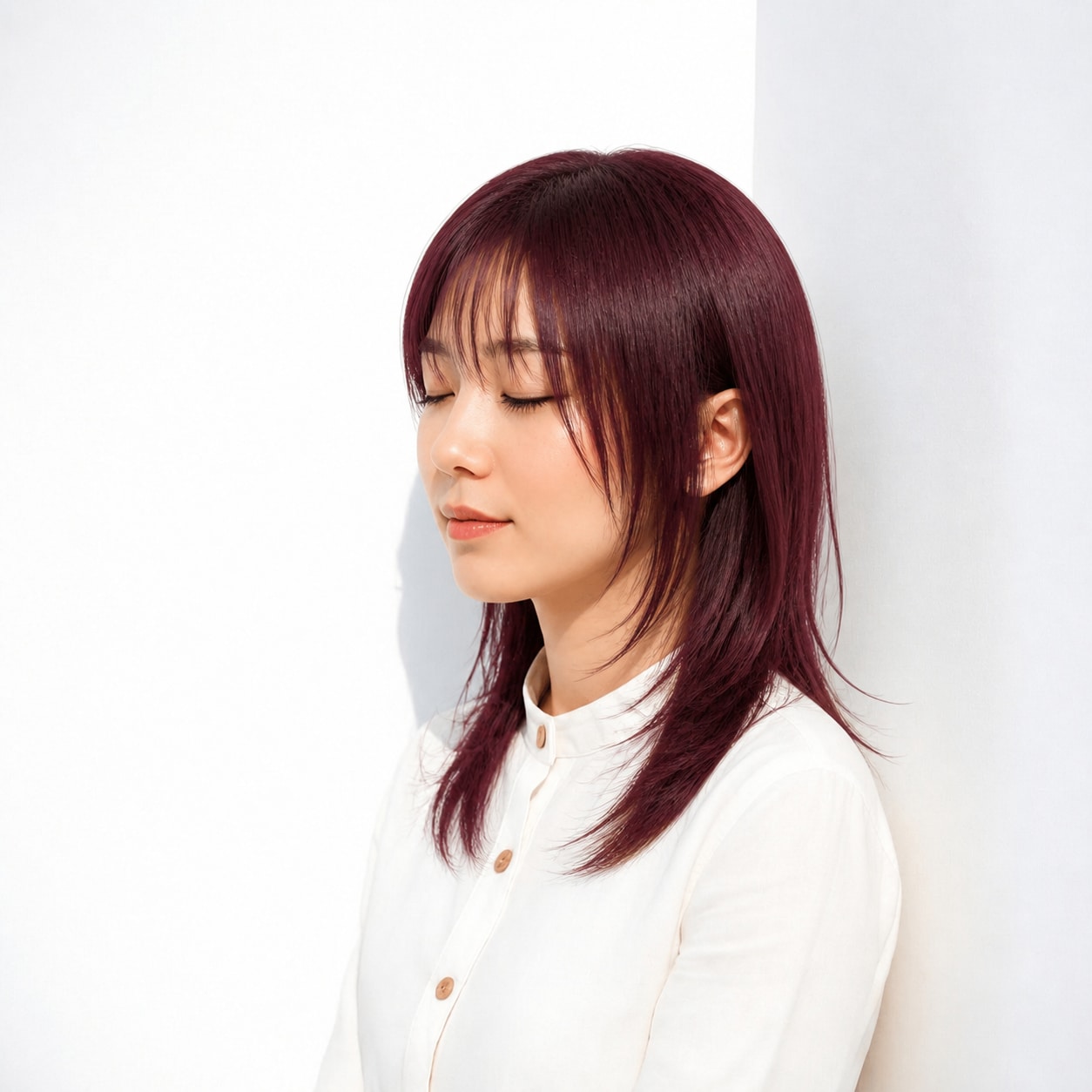 13. ダークレッド × 外ハネロング：深い赤に動きをプラス