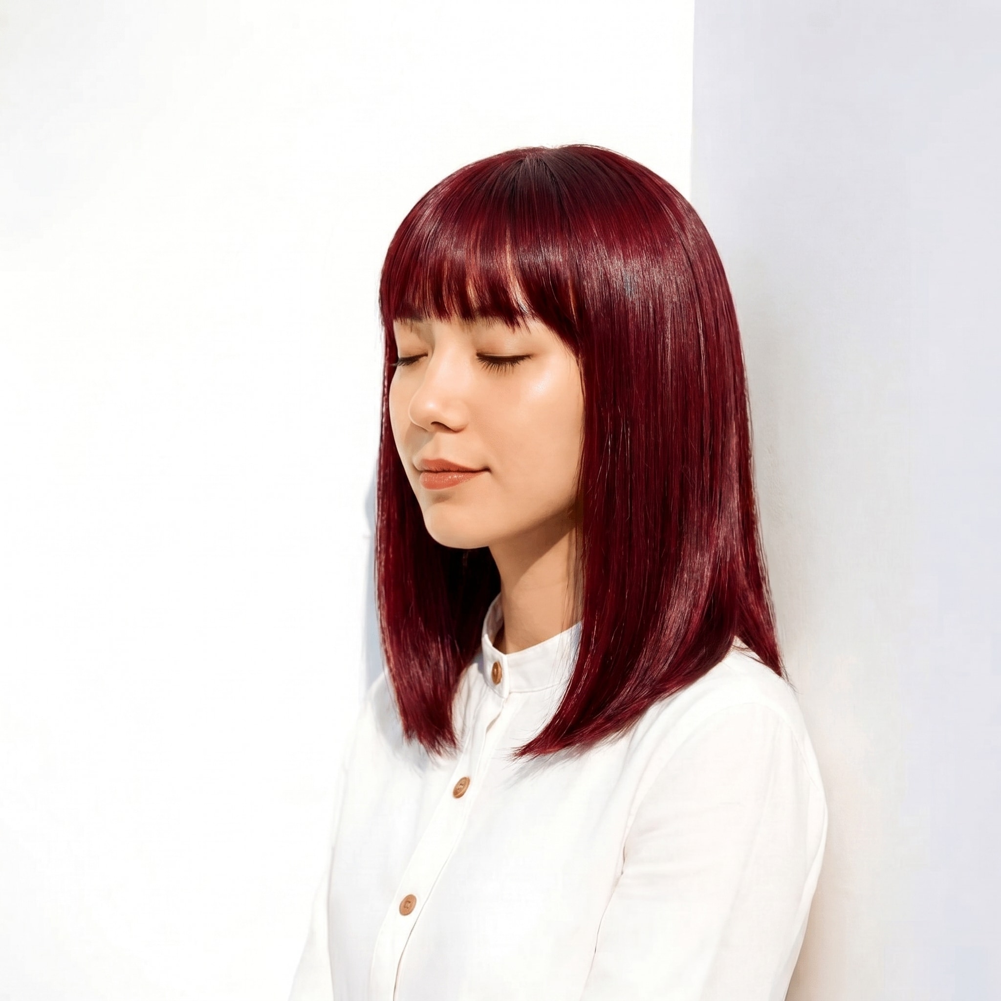 13. チェリーレッド×ミディアムロブ: 鎖骨ラインで魅せる洗練されたストレート