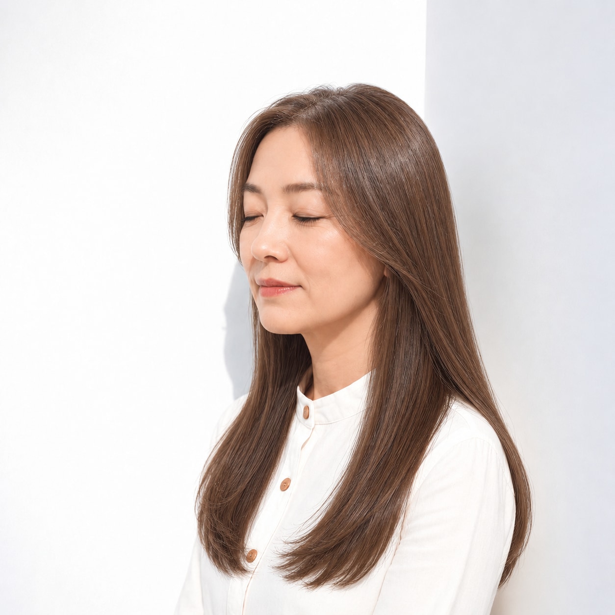 13. ナチュラルブラウン × ストレートロング：なめらかな色を上品に