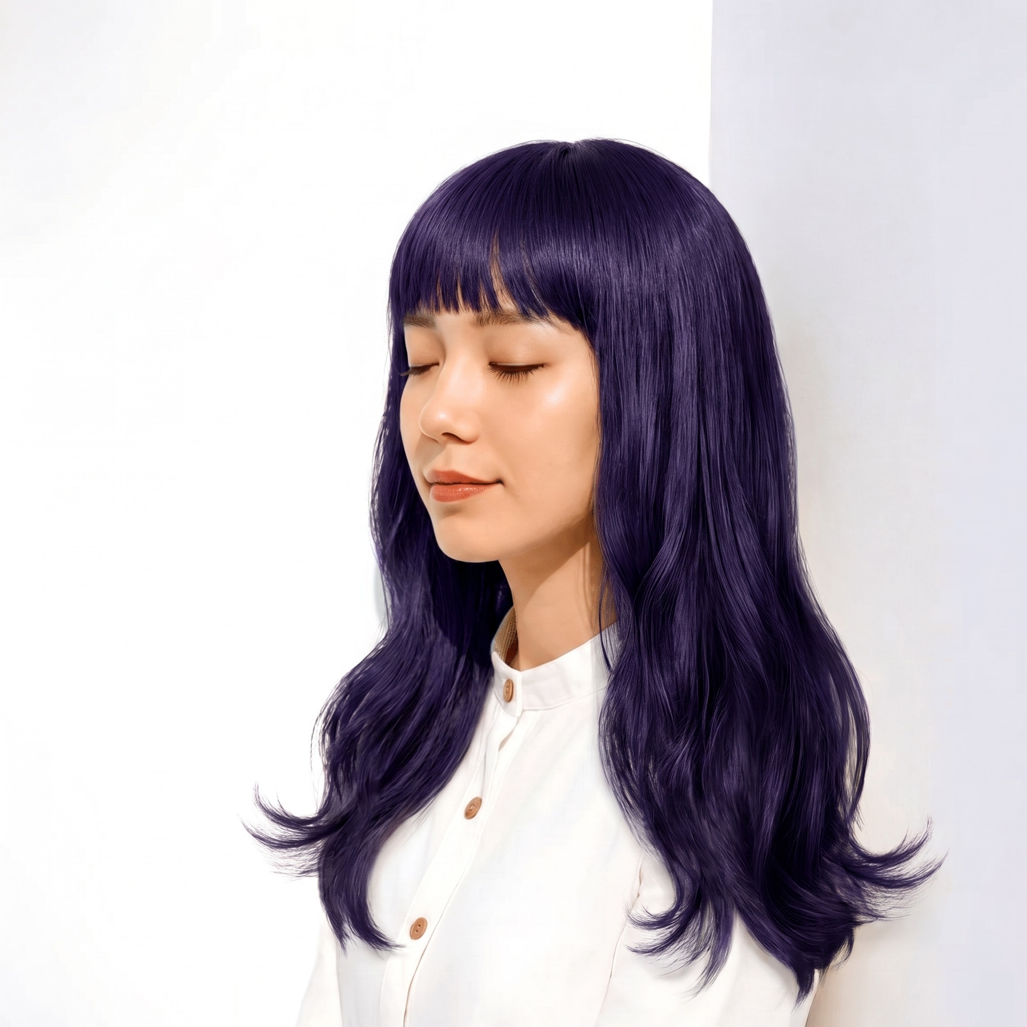 13. パープルブラック×ウェーブロング: 黒髪の深さと紫のツヤでロングが華やかになる