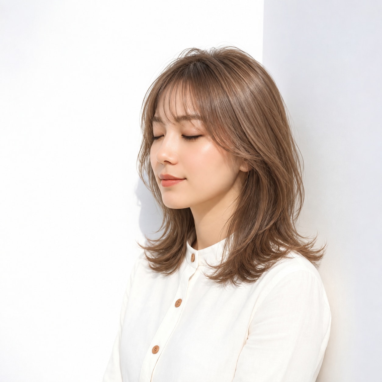 ゆるいウェーブのミディアムヘアに合わせたハニーベージュ