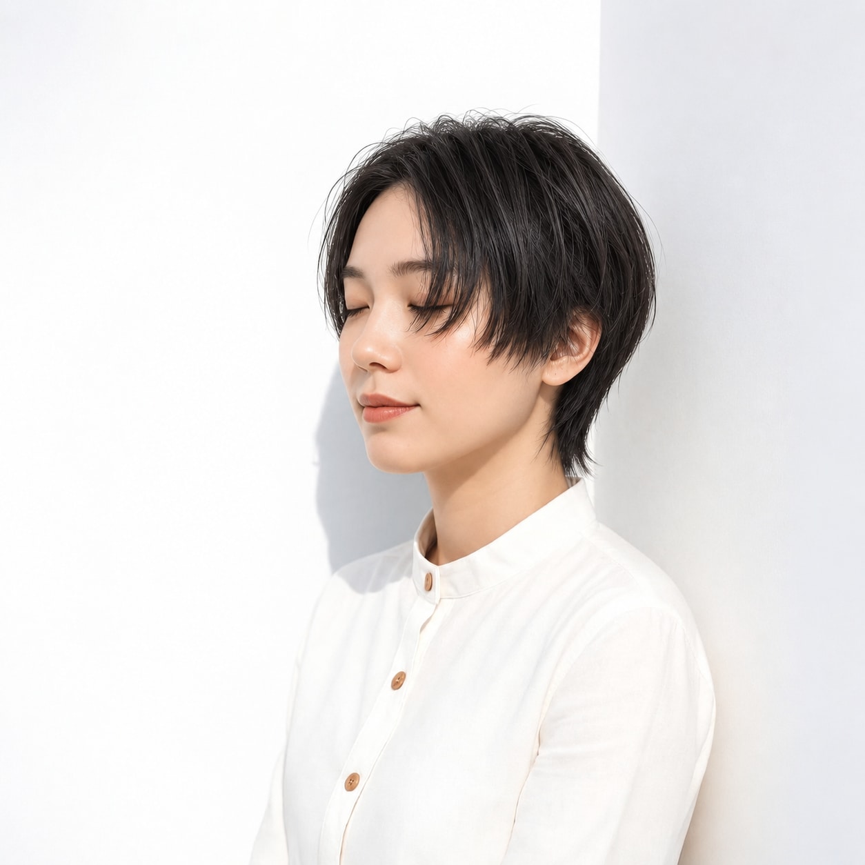 7. ハンサムショートウルフ × センターパート：額を見せてすっきりした表情に仕上がる