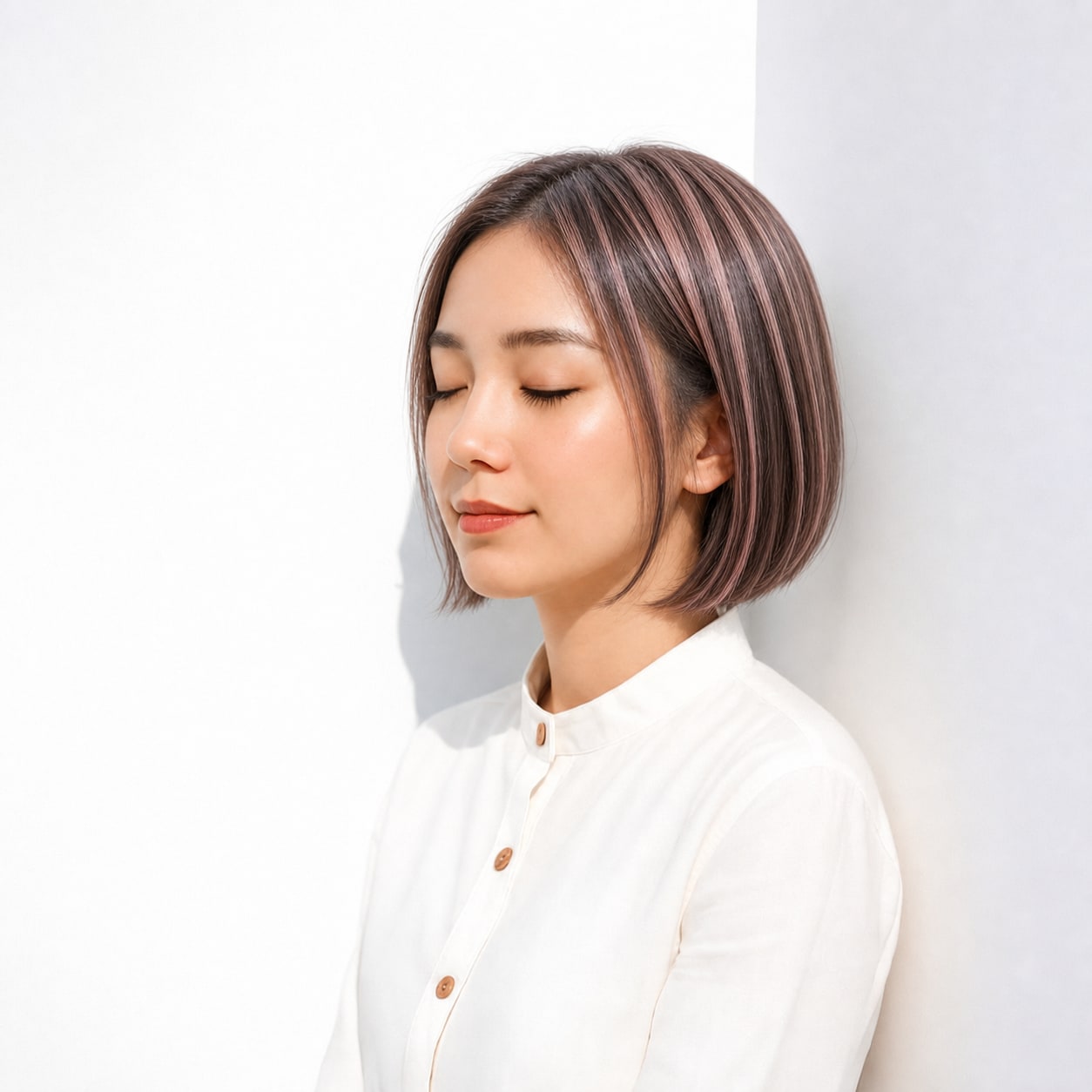 13. ピンクハイライト×ストレートボブ: ピンクベージュが暗めヘアに自然になじむ