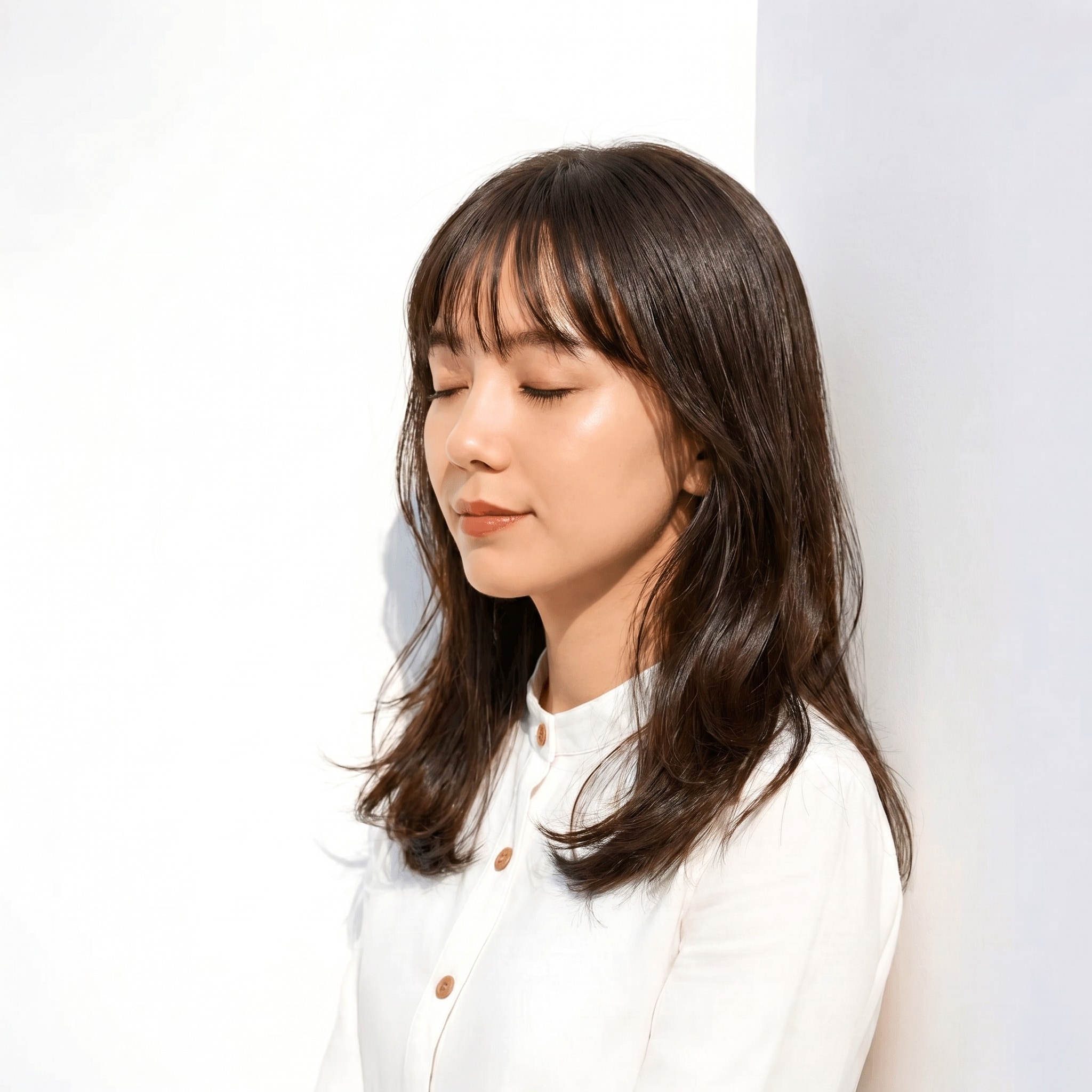 13. ブリーチなしグレージュ×内巻き外ハネ: くすみとツヤで品よく動きをプラス