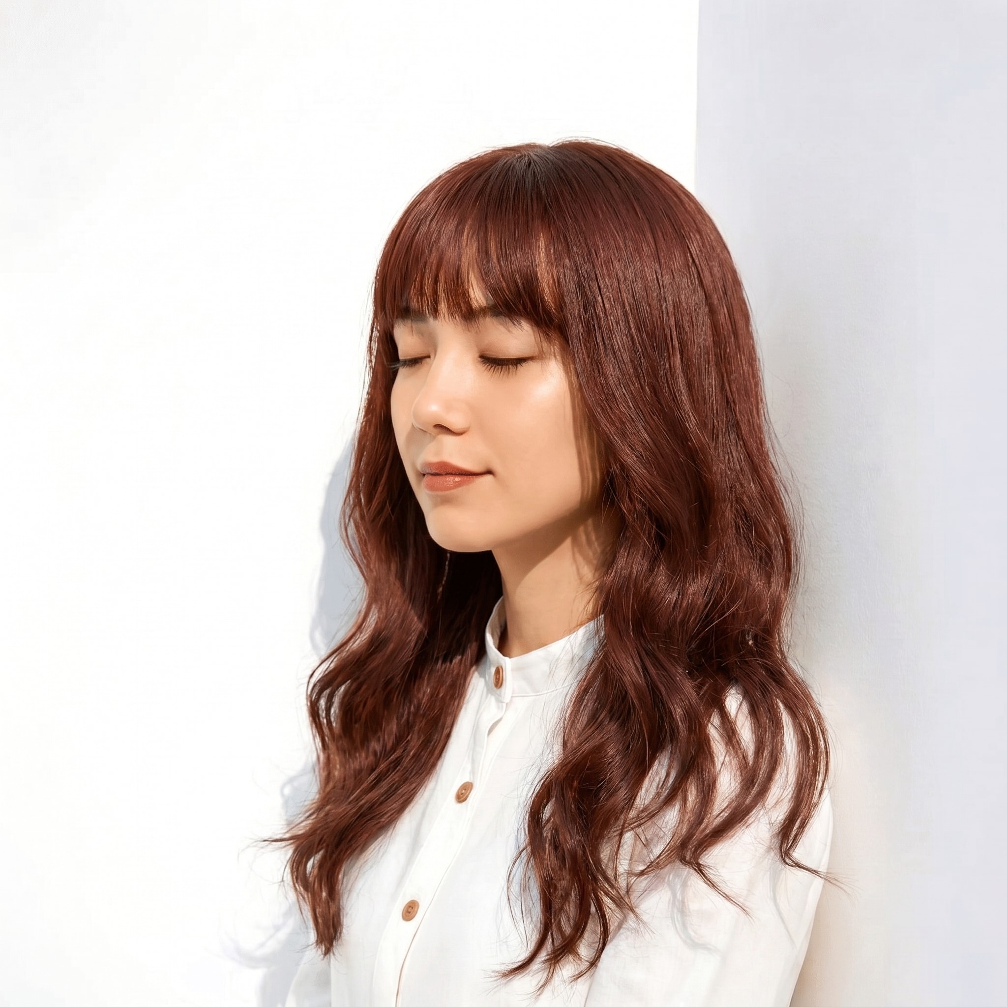 13. ブリーチなしピンク×ミディアムヘア: 厚めバングで落ち着いた女性らしさを引き出す