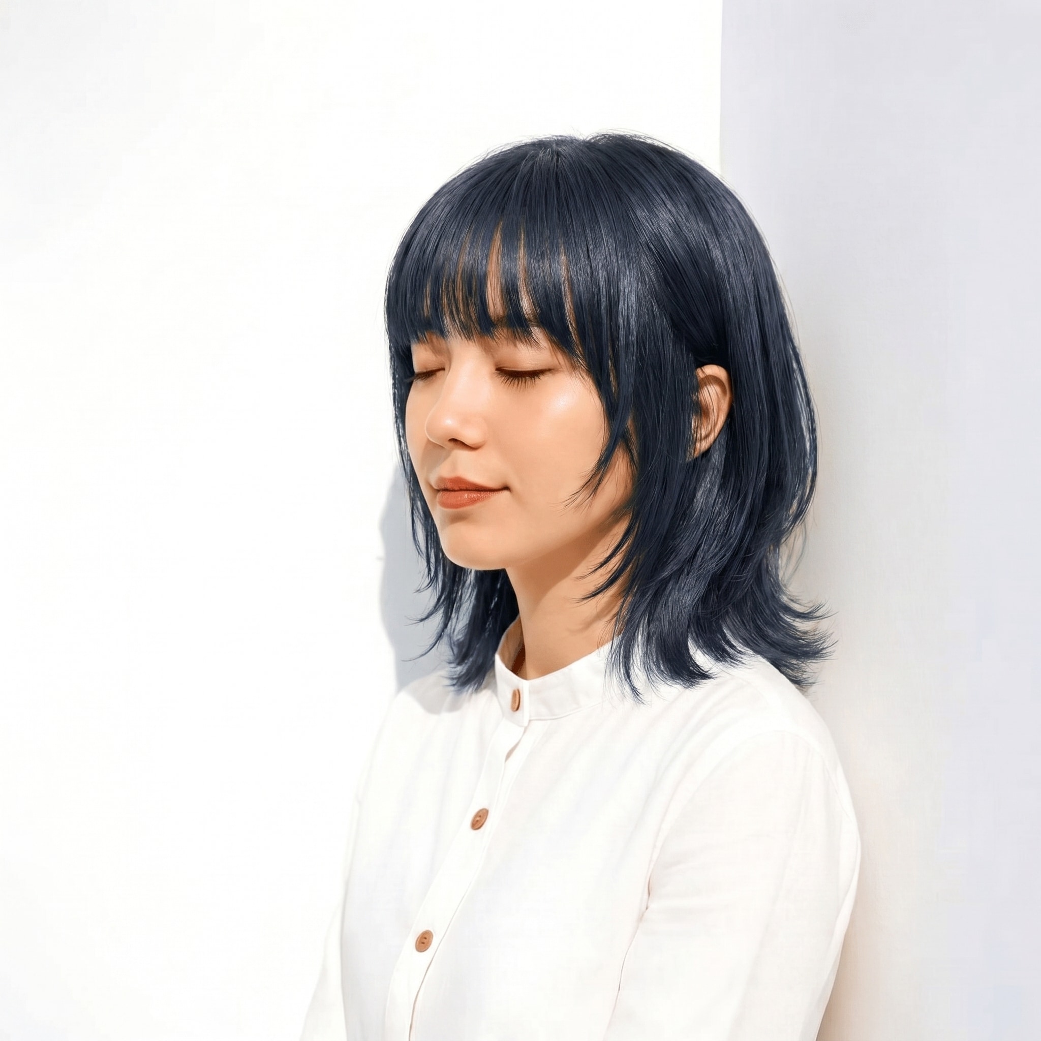 13. ブルーアッシュ×ミディアムレイヤー: 外ハネで動きをプラスし洗練された印象に