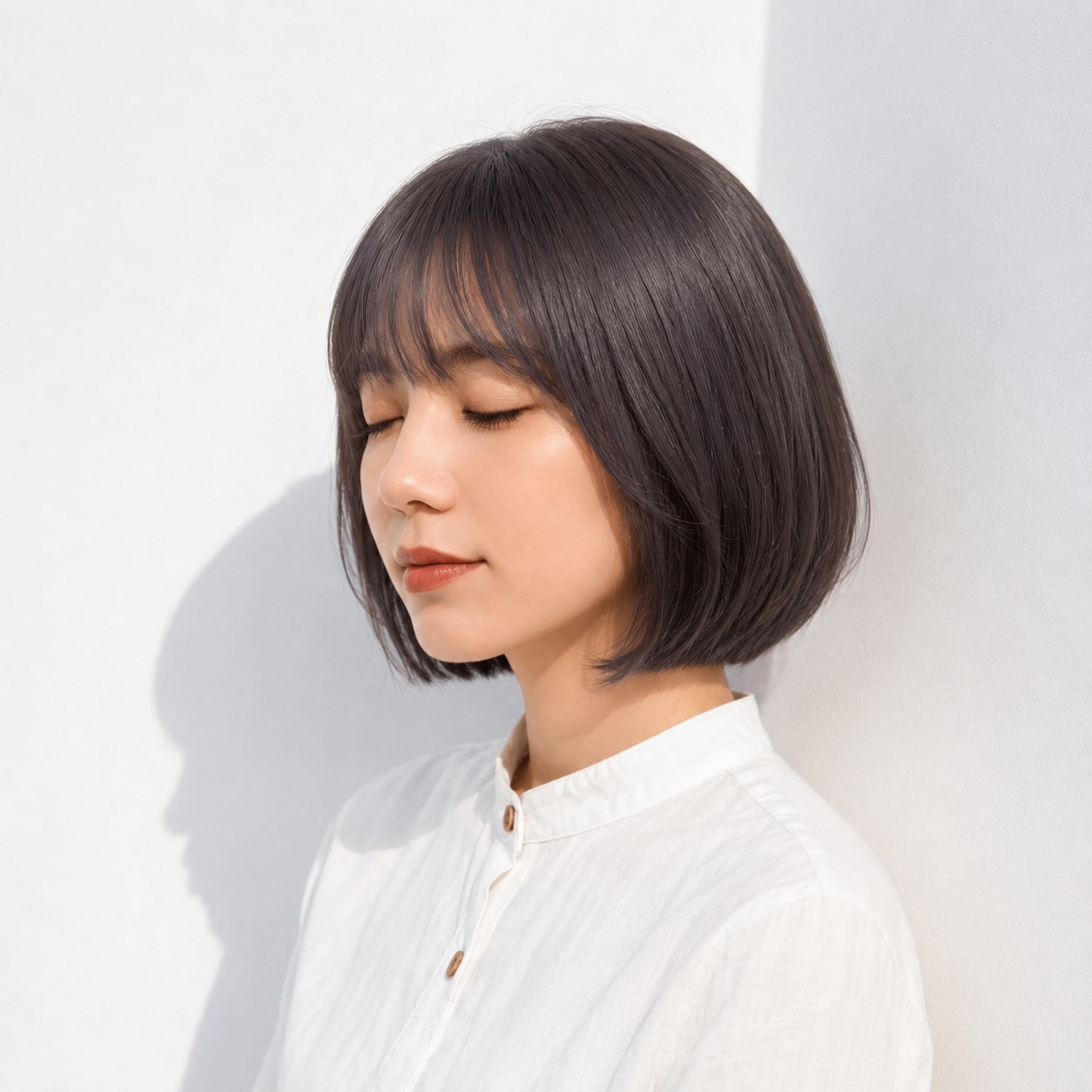 13. ブルーブラウン×内巻きボブ: あごラインの丸みを引き立てるツヤ感