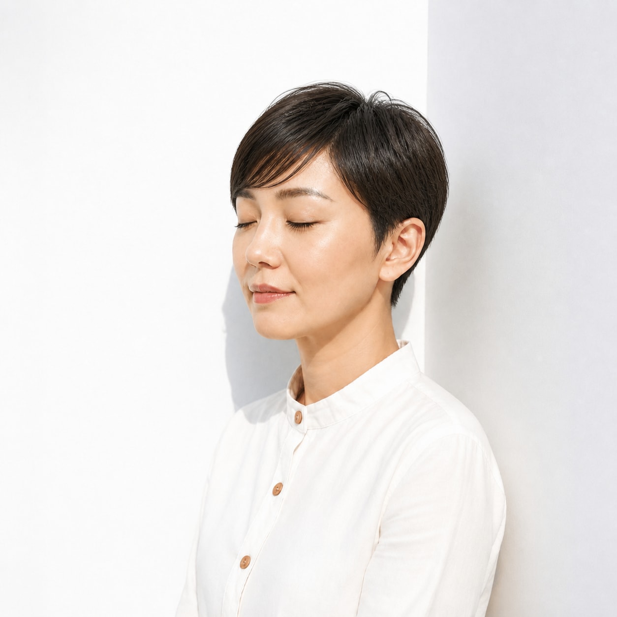 13. ベリーショート × 長めトップ：40代をふんわり女性らしく