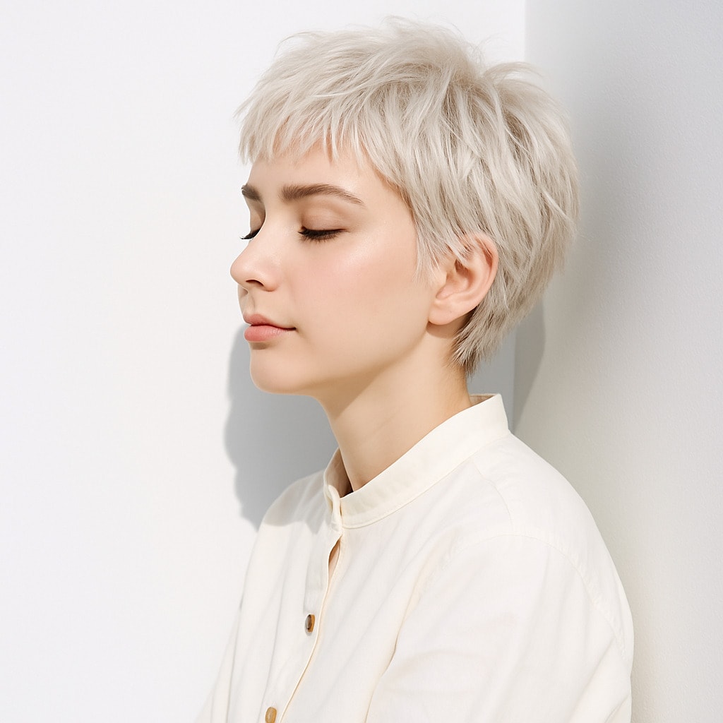 13. ホワイトブロンド×ベリーショート：軽やかさが際立つ大人の魅力