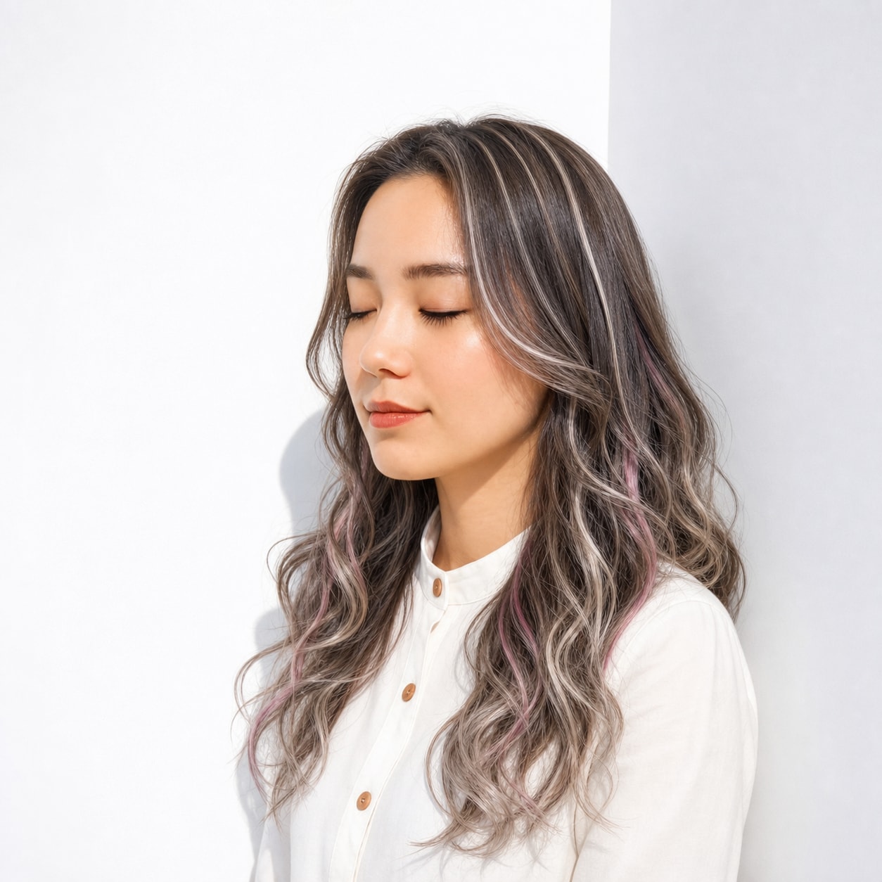 13. ホワイトメッシュ×レイヤーロング: 白っぽい明るさでロングヘアが重くなりにくい