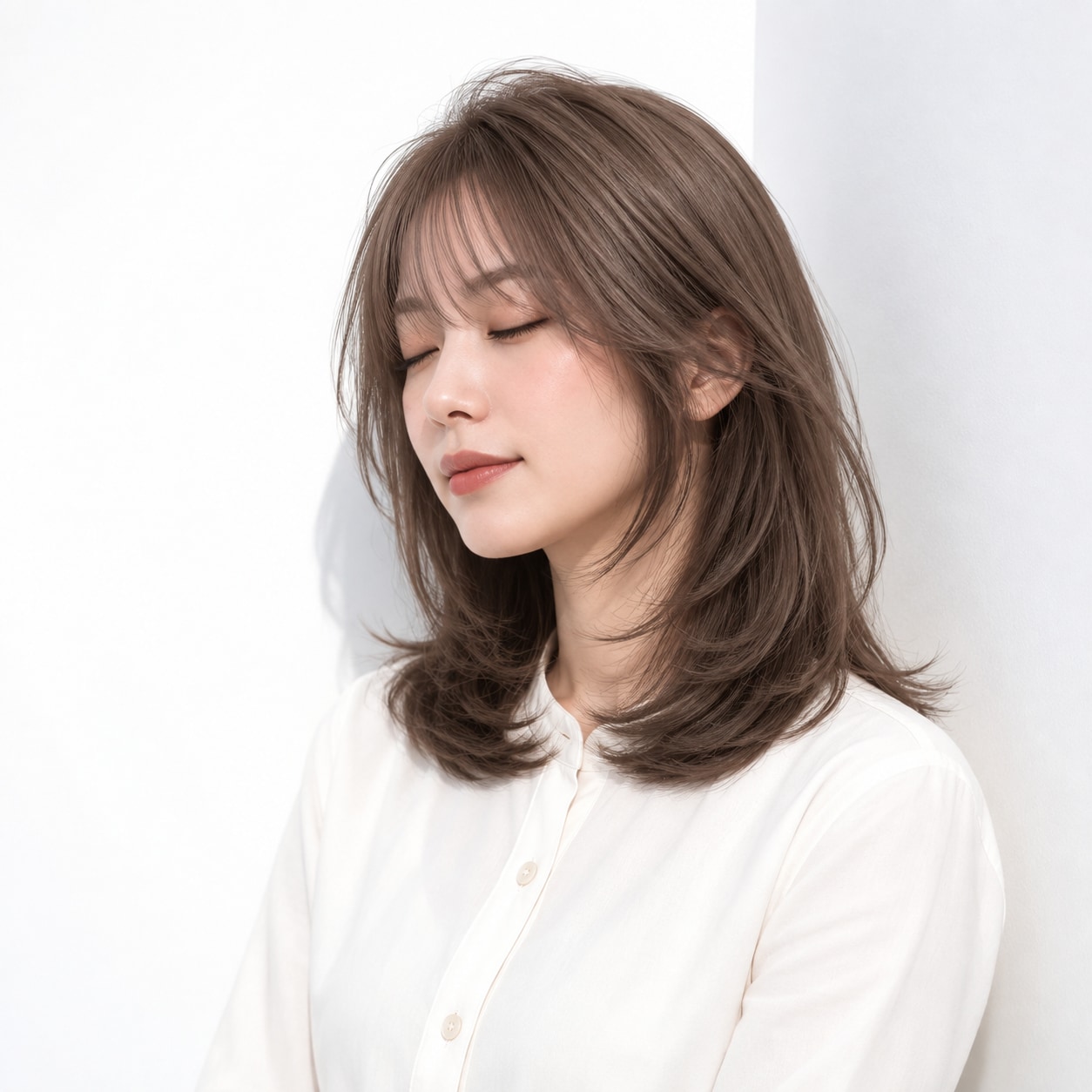 13. ミディアムレイヤー × 前髪あり × フェイスレイヤー：頬の横にやわらかな線が生まれ、正面にも奥行きが出ます