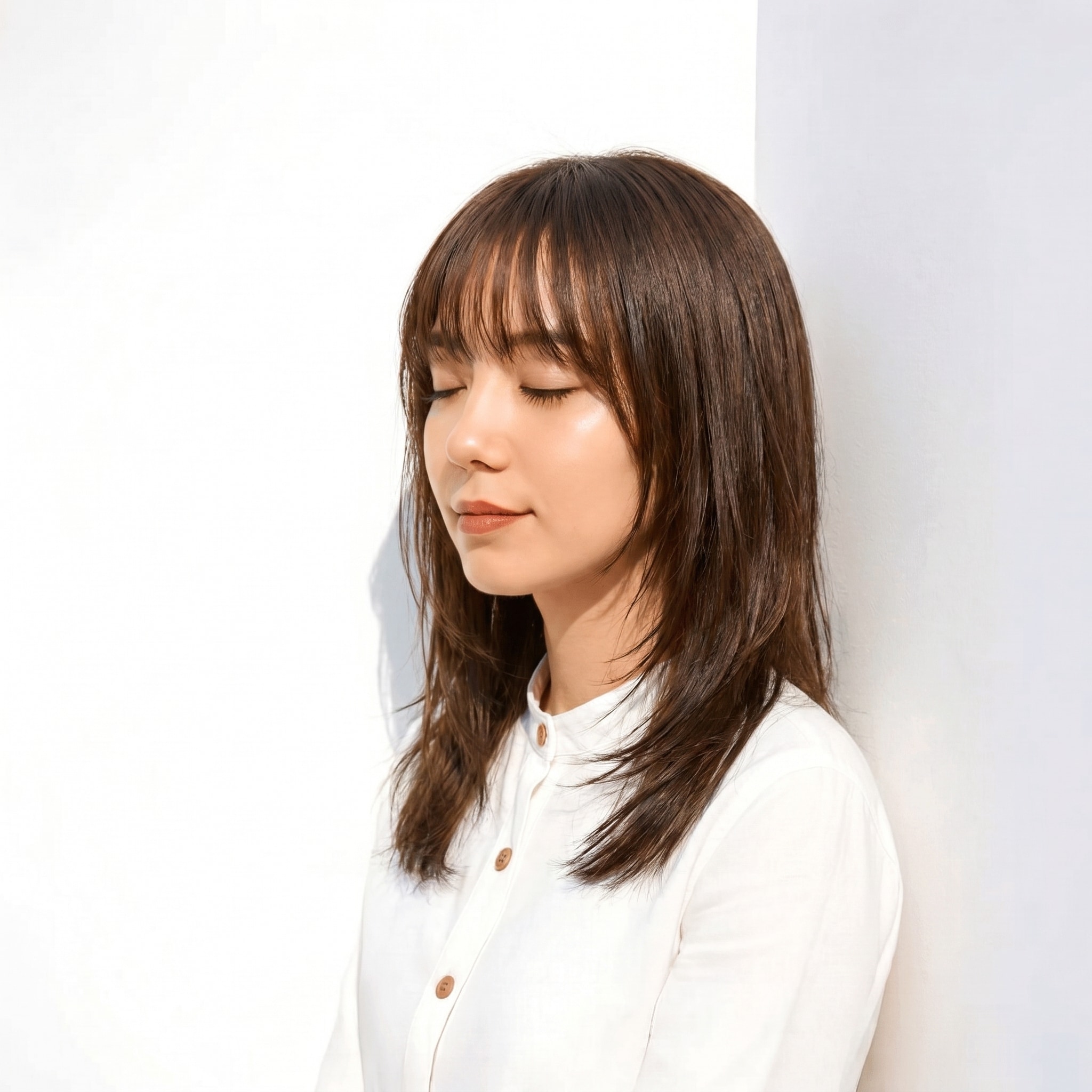 13. モカグレージュ×レイヤーミディアム: 顔まわりを明るく見せて、動くたび立体感をプラス