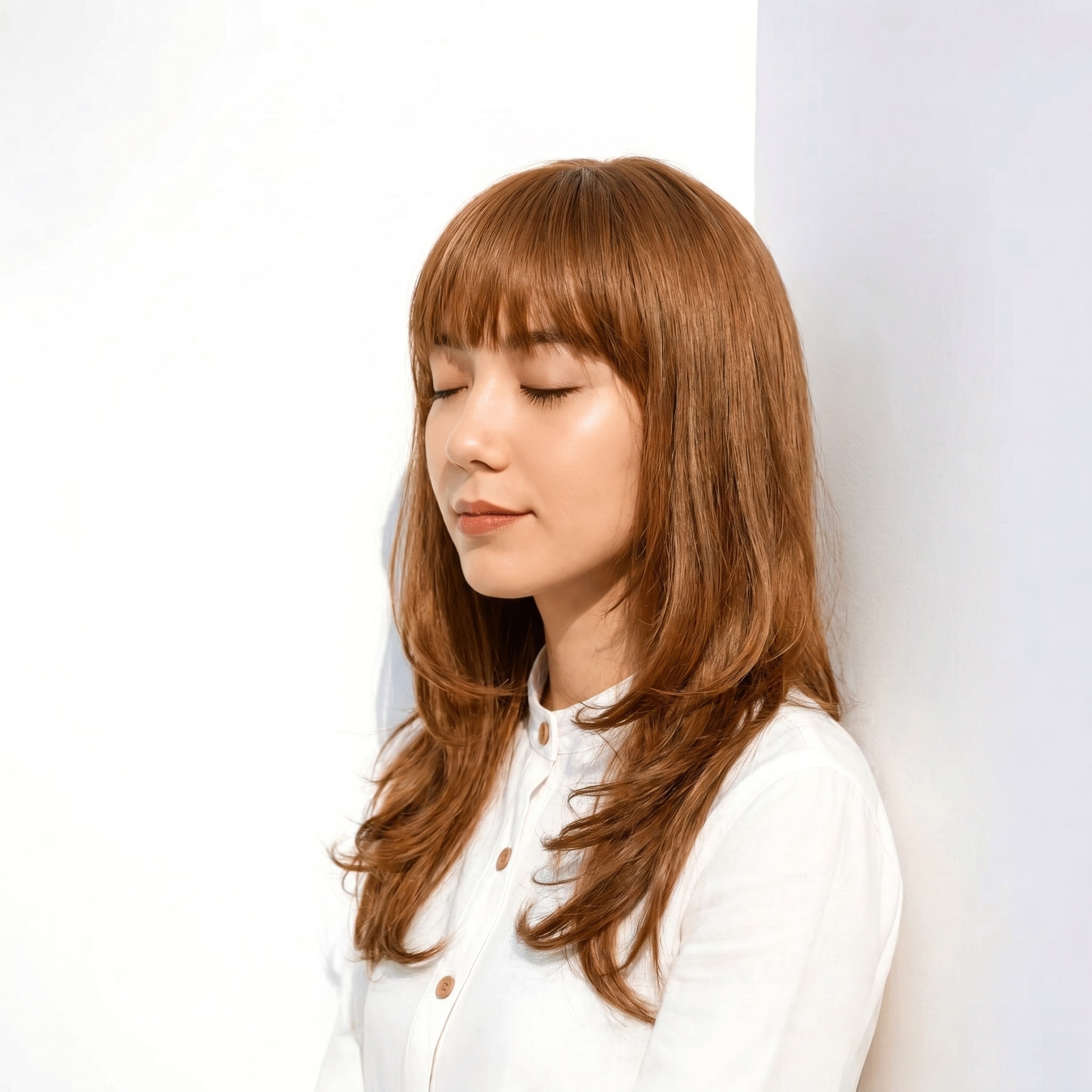 13. ライトブラウン×ミディアムストレート: 軽やかなレイヤーで明るい印象に