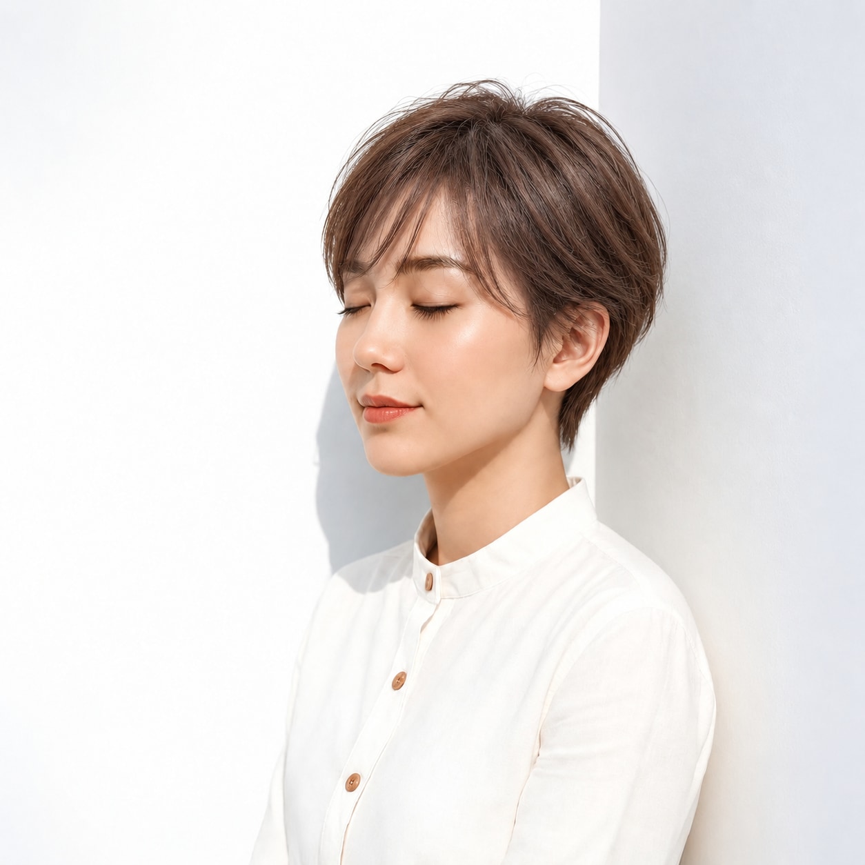 13. レイヤーショート × 流し前髪：毛束の動きで軽快な横顔に