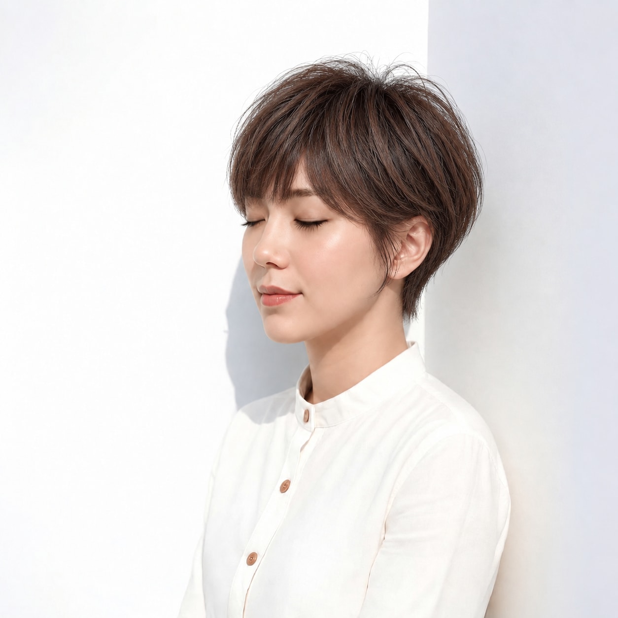 11. レイヤーマッシュショート × モカブラウン：細い毛束でふっくら感を軽く見せる