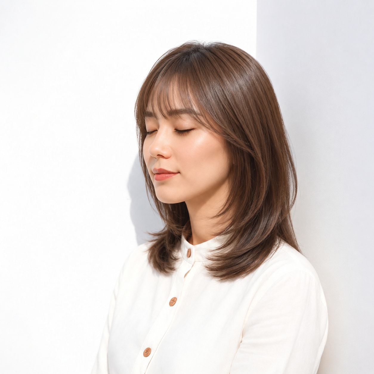 レイヤーミディアム × 長いサイドバング：自然な立体感を