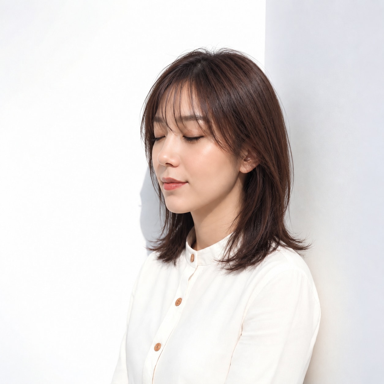 13. レイヤーミディアム × ダークブラウン：肩先の小さな動きで自然に似合わせる