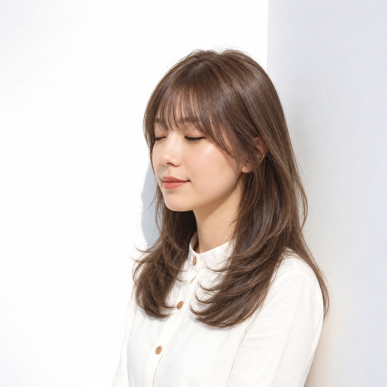 13. ロングレイヤー × 前髪あり × ワンカール：動きを残しながらも輪郭が散らず、端正にまとまります