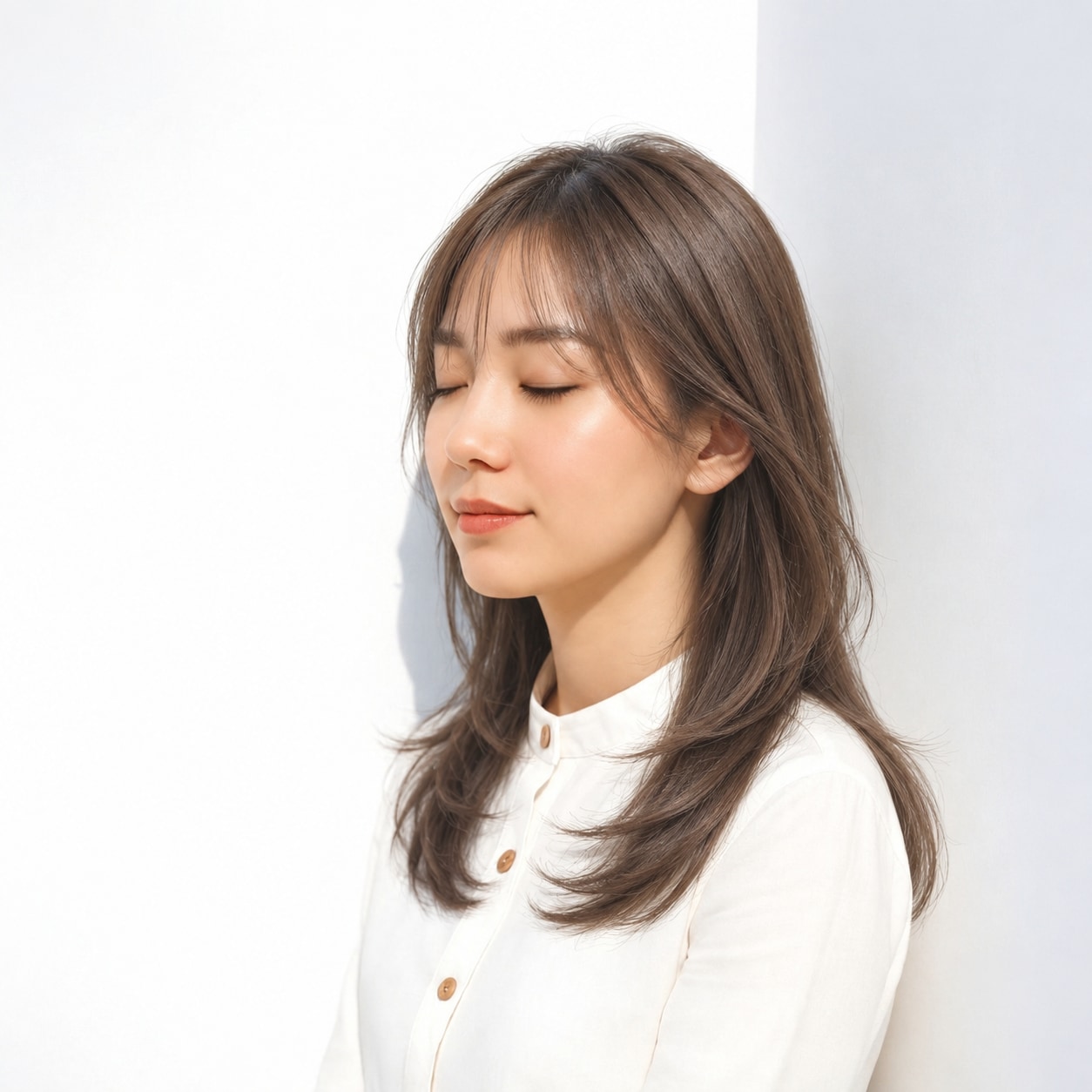 13. ロングレイヤー × 流し前髪：軽い曲線で自然に華やぐ