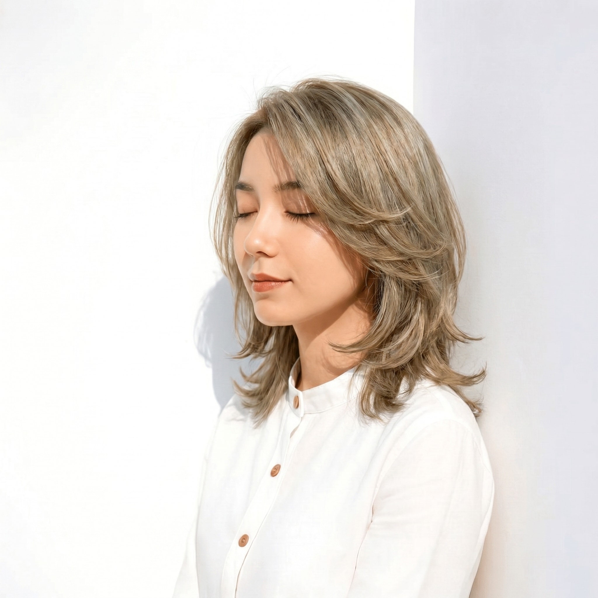 13. ローライト×ダークアッシュ: 赤みを抑えた軽やかなトーンダウンスタイル