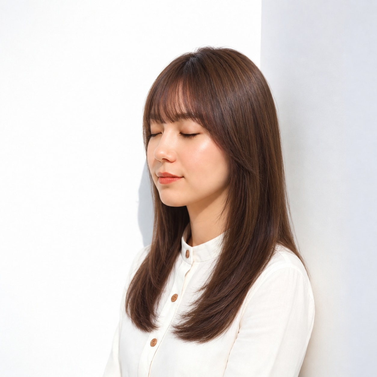 13. 内巻きロング × フルバング：丸い輪郭をやさしく楽しむ