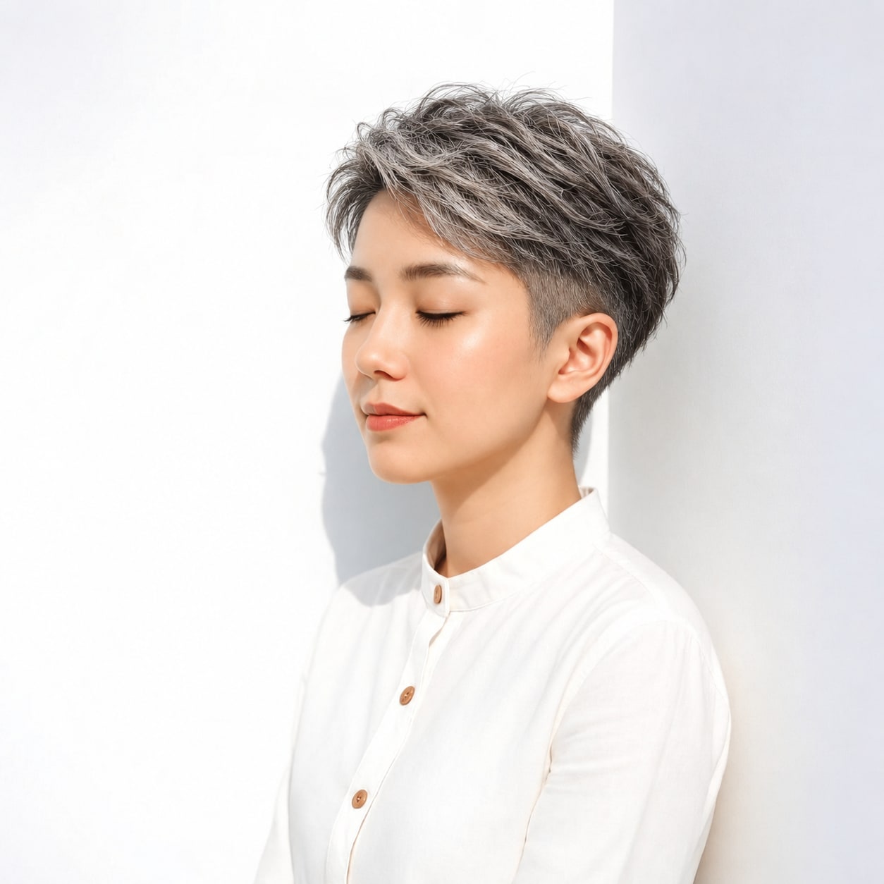 9. 刈り上げショート × シルバー系カラー：明るい毛流れと短いサイドの組み合わせがかっこいい