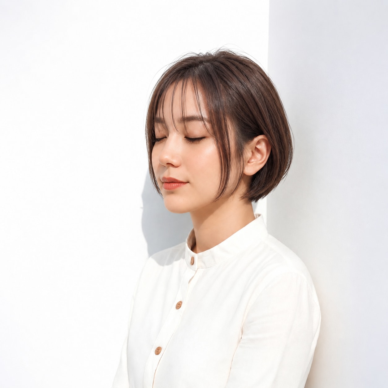 13. 前下がりボブ × 長めサイドバング：あごへ続く髪で大人らしく