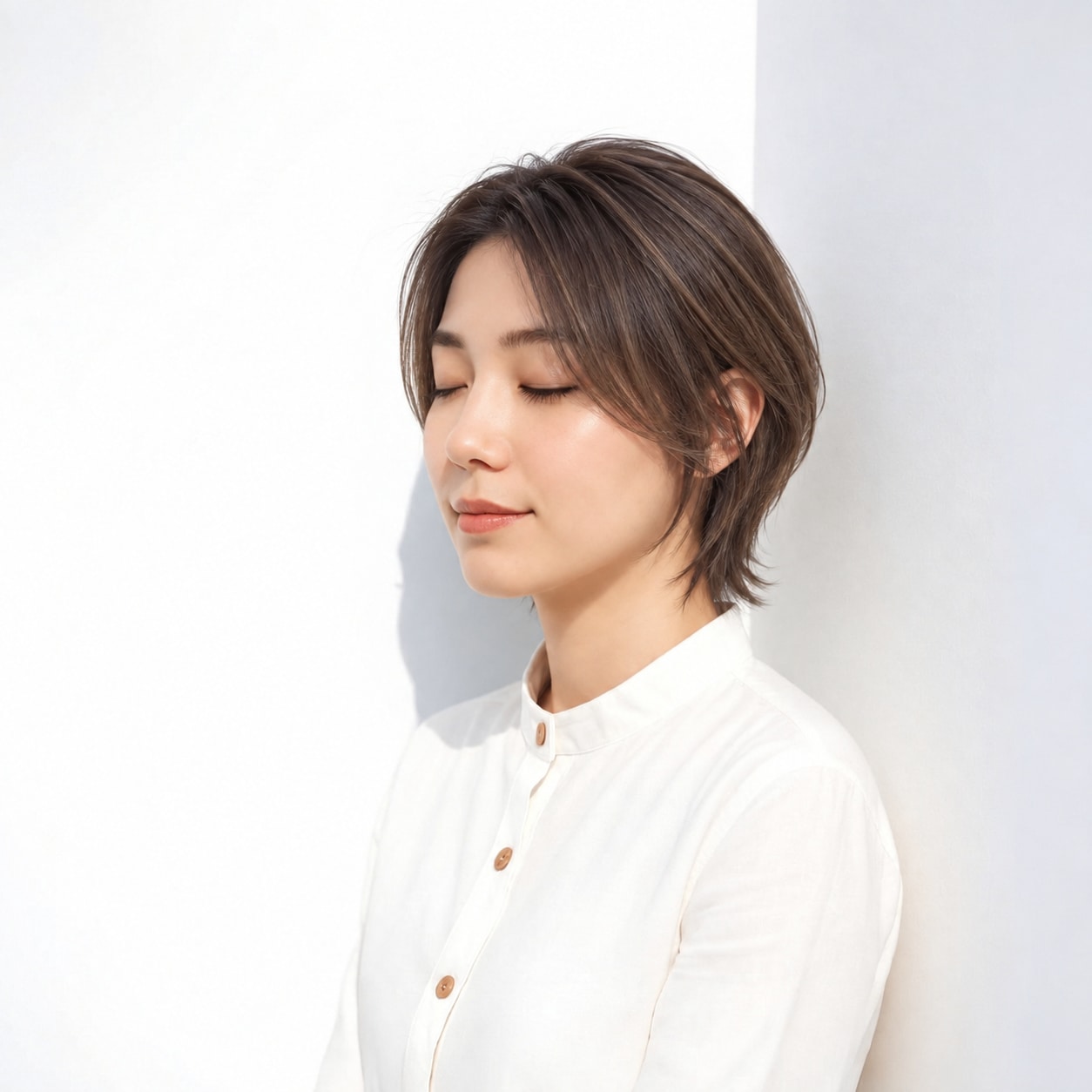 暗めブラウン系のウルフボブ。耳前の細い毛束が頬に沿う