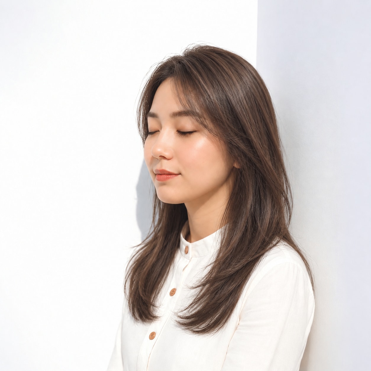 13. 前髪なしストレートロング × モカブラウン：縦の抜けで端正に