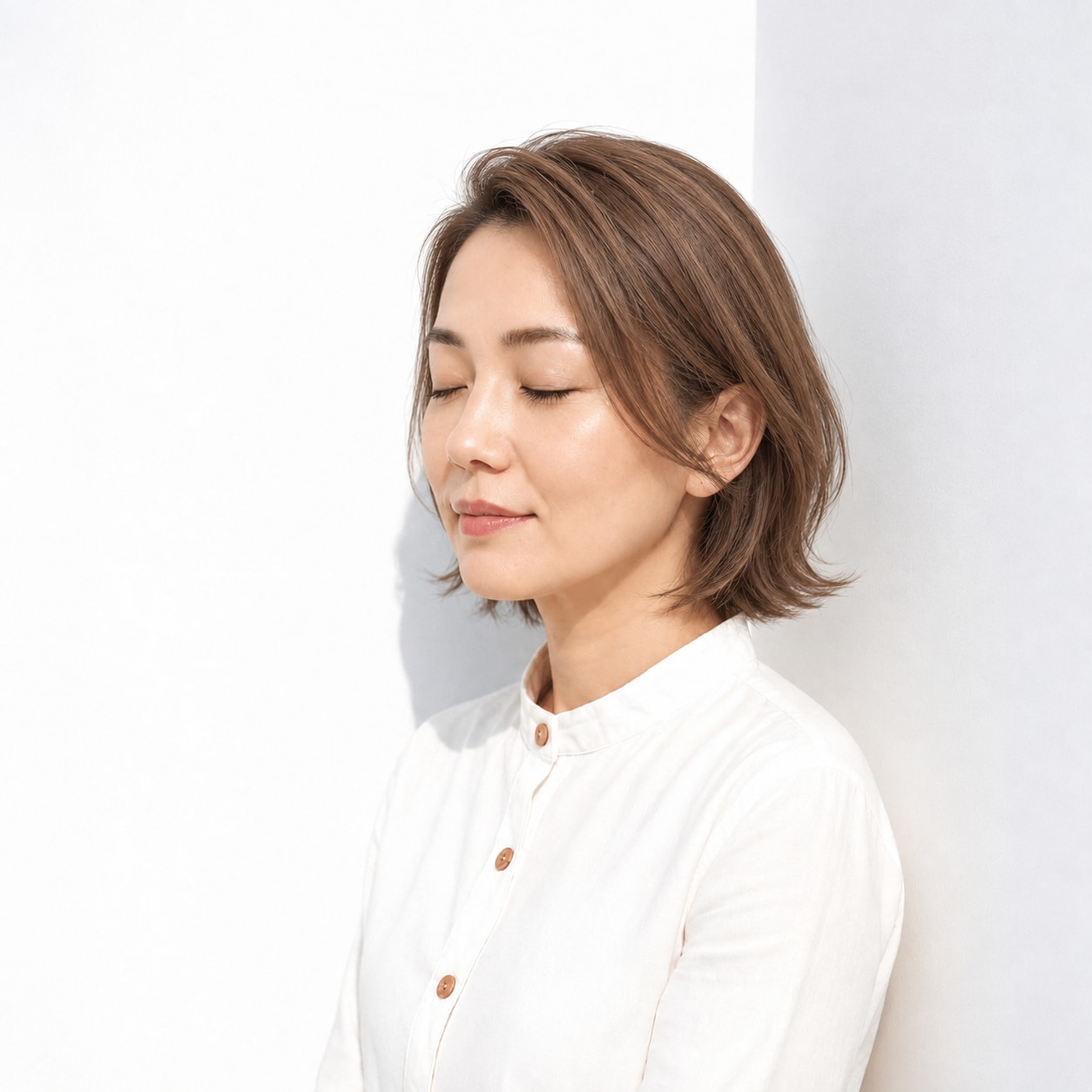 やや明るいブラウンで毛先に動きがある前髪なしボブ