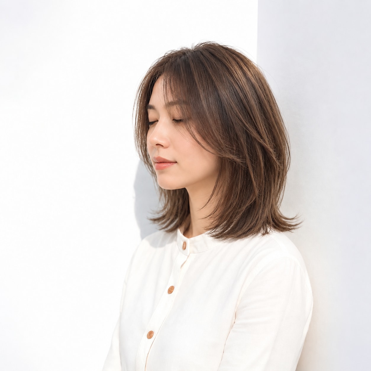 10. 前髪なしレイヤーミディアム × 外ハネ：洗練された抜け感