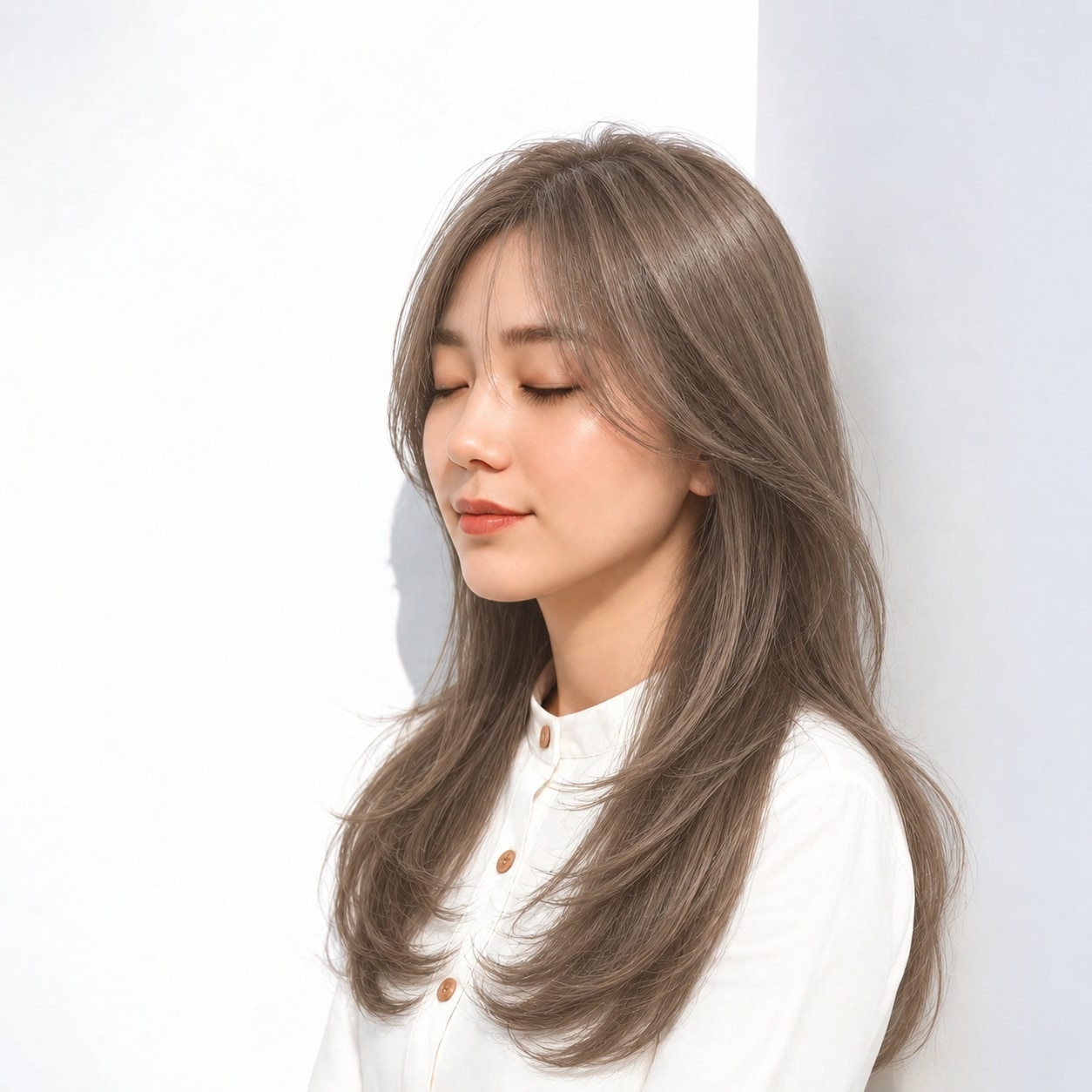 13. 前髪なしロング × アッシュベージュ：長い曲線で落ち着いた華やかさ