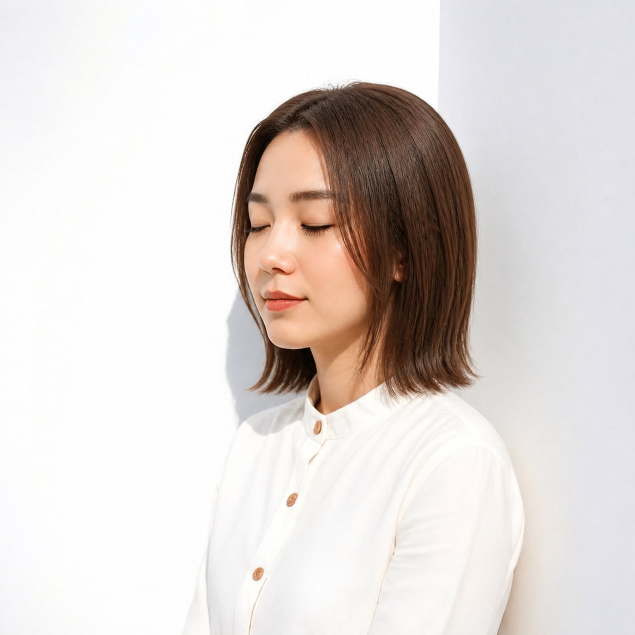 13. 外ハネボブ × 前髪なし × ナチュラルブラウン：まっすぐな毛先を軽く