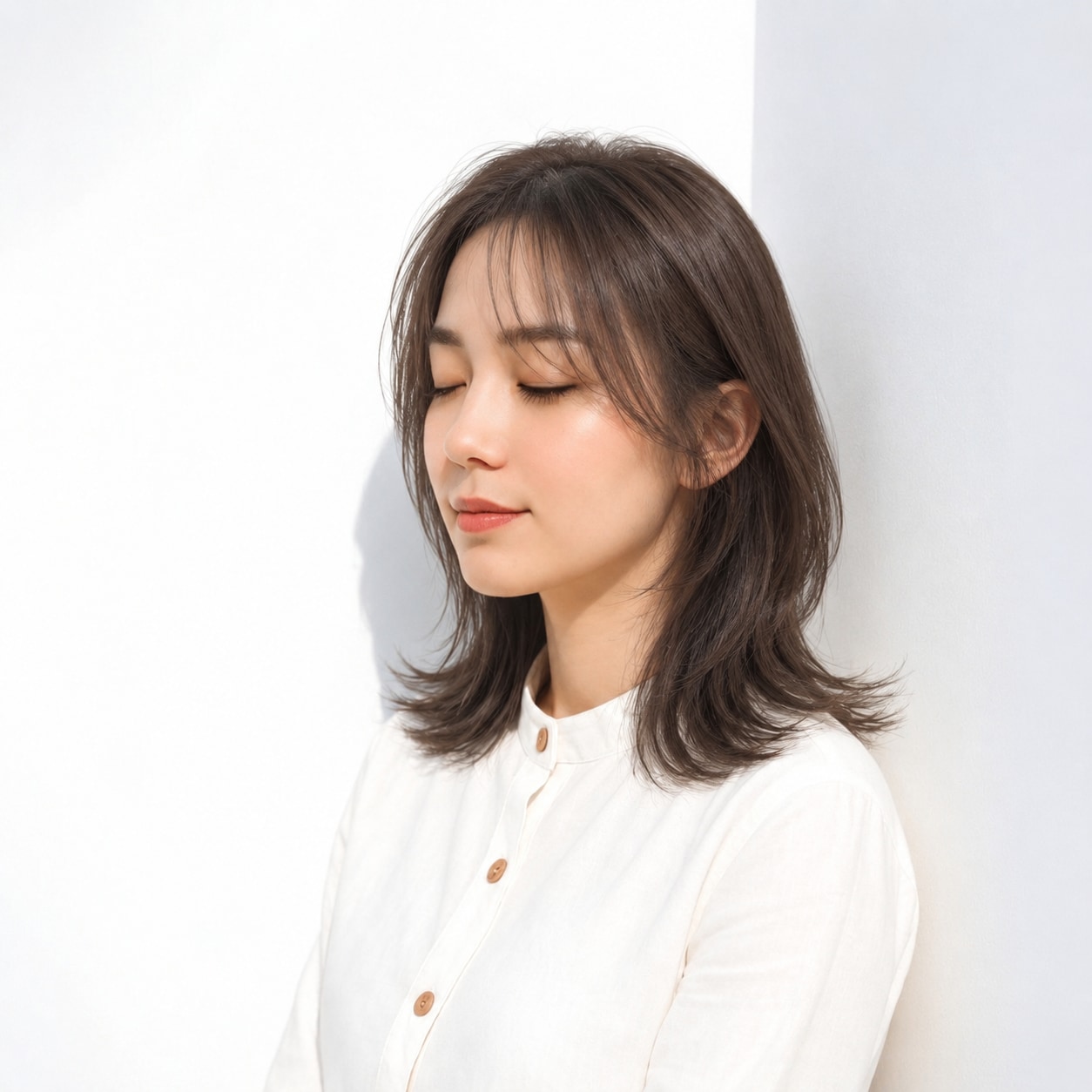 13. 外ハネレイヤーミディアム × ダークブラウン：くるんと弾む肩先が可愛い