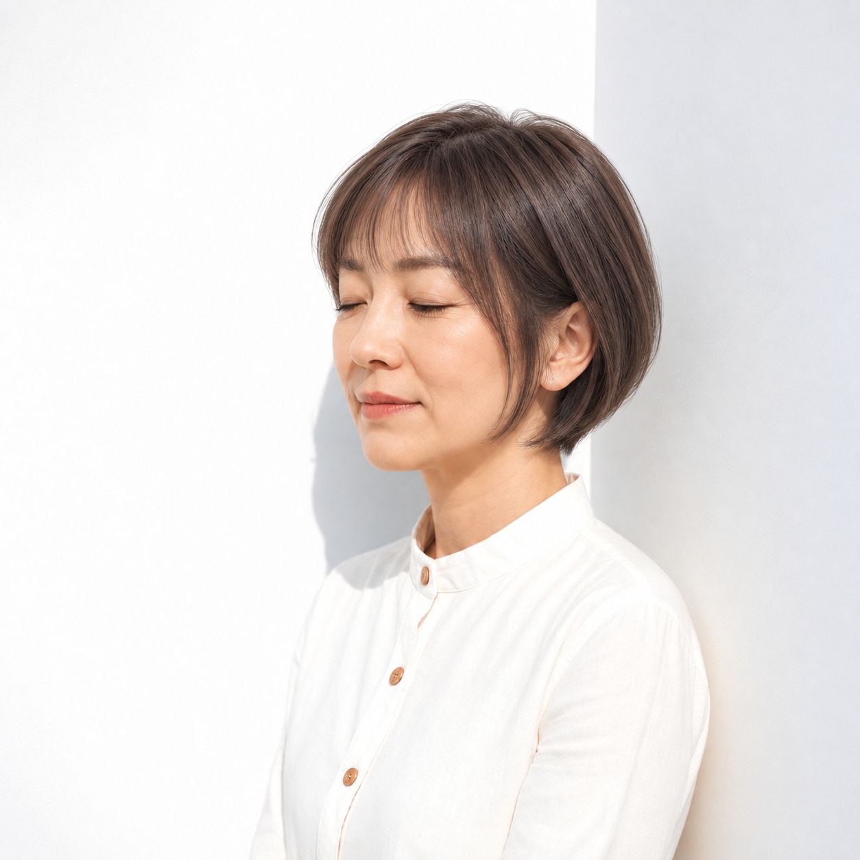 薄め前髪のショートボブで落ち着いた可愛らしさを出す
