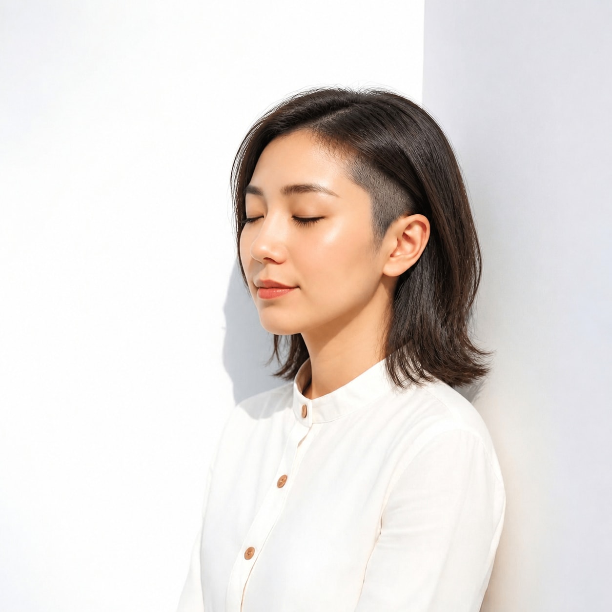 13. 女性のツーブロック × ミディアム：片側だけすっきり見せる