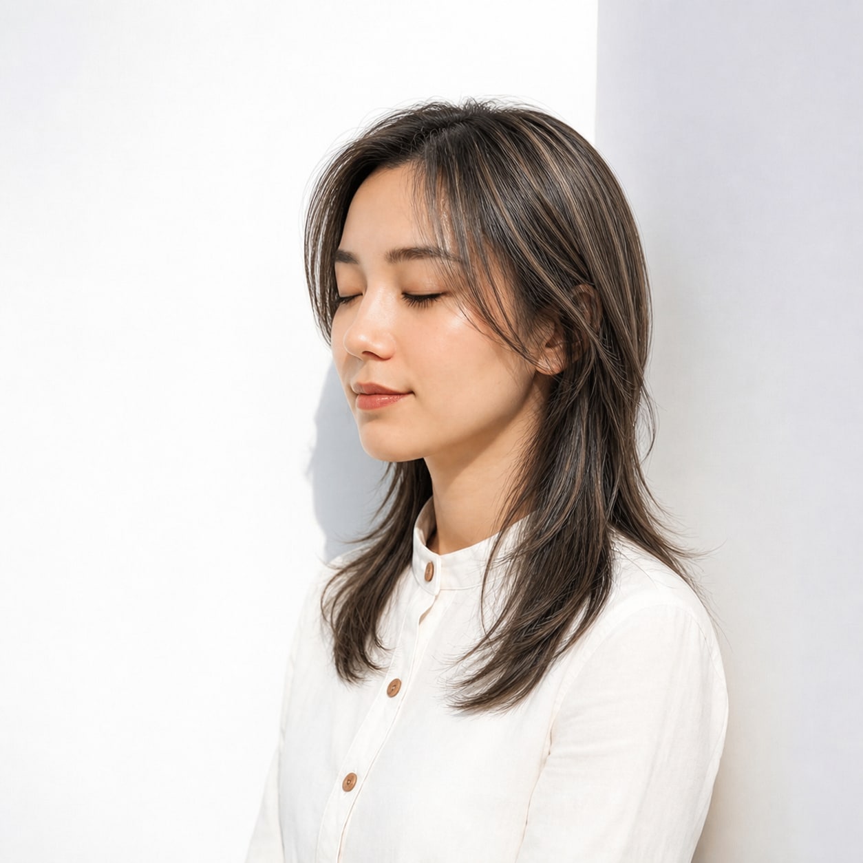 13. 白髪ぼかしハイライト × ストレートミディアム：細いグレージュが毛先までなめらかにつながる