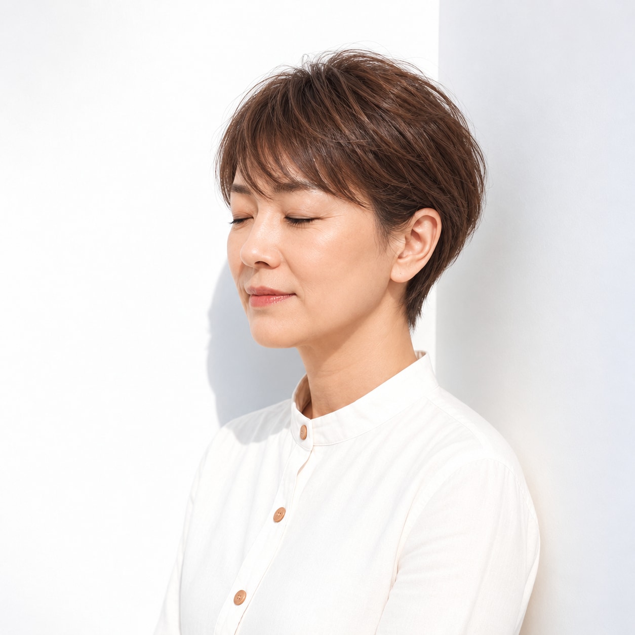 13. 短め流しバング × ショートレイヤー：軽快な動きになじませる