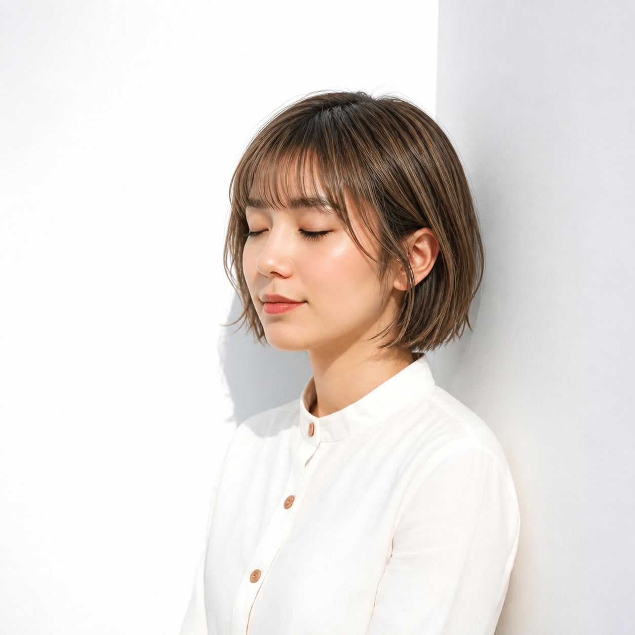 13. 面長ボブ × 前髪あり × ラフな外ハネ：自然な動きを楽しめる