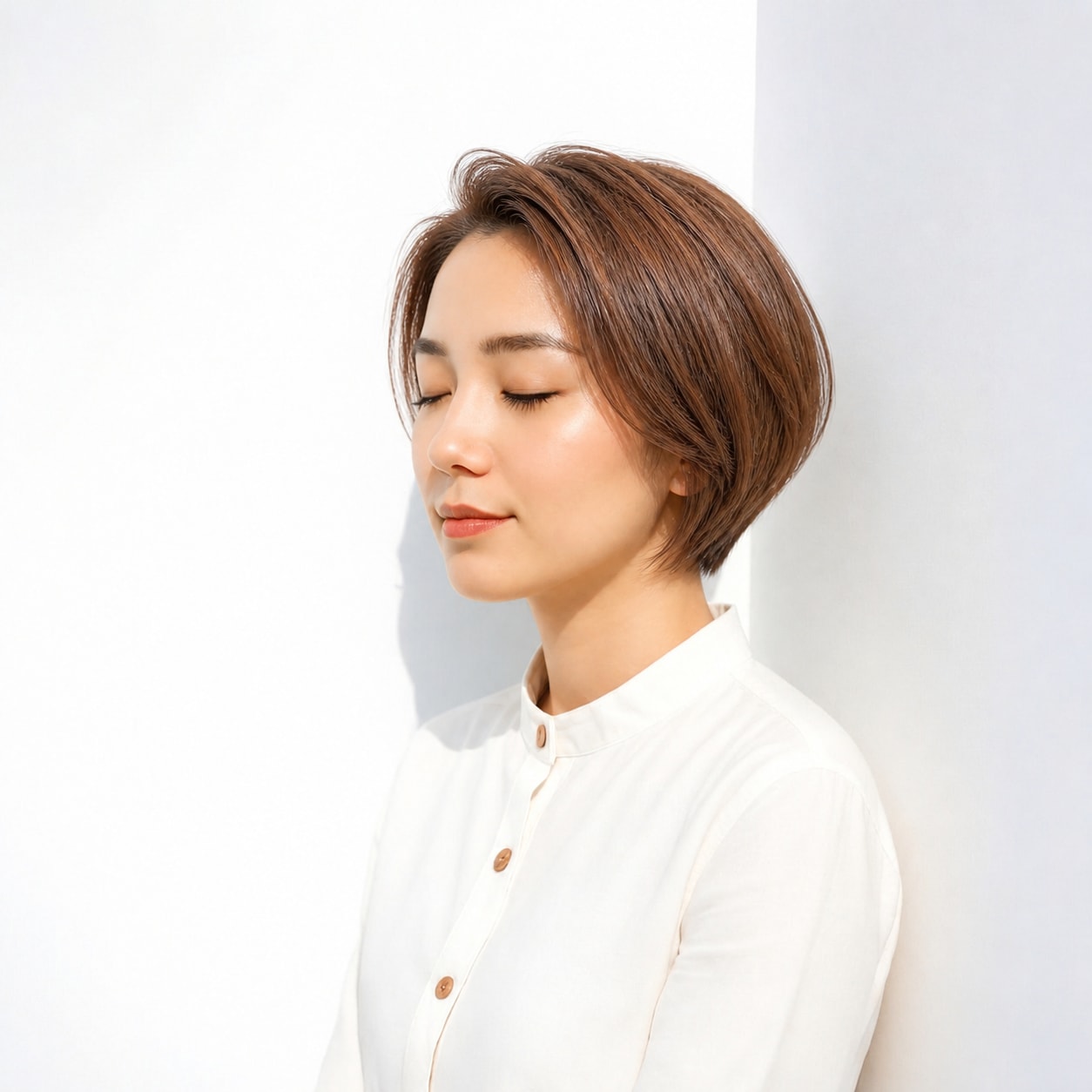 13. 面長ボブ × 前髪なし × ブラウンショート：やさしく華やか