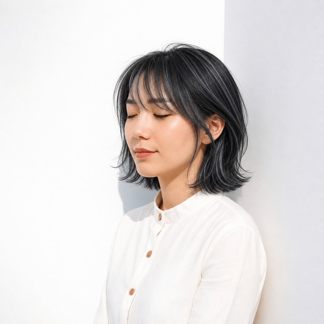 13. 黒髪ハイライト×外ハネボブ: 明るいラインで巻き髪の動きが引き立つ